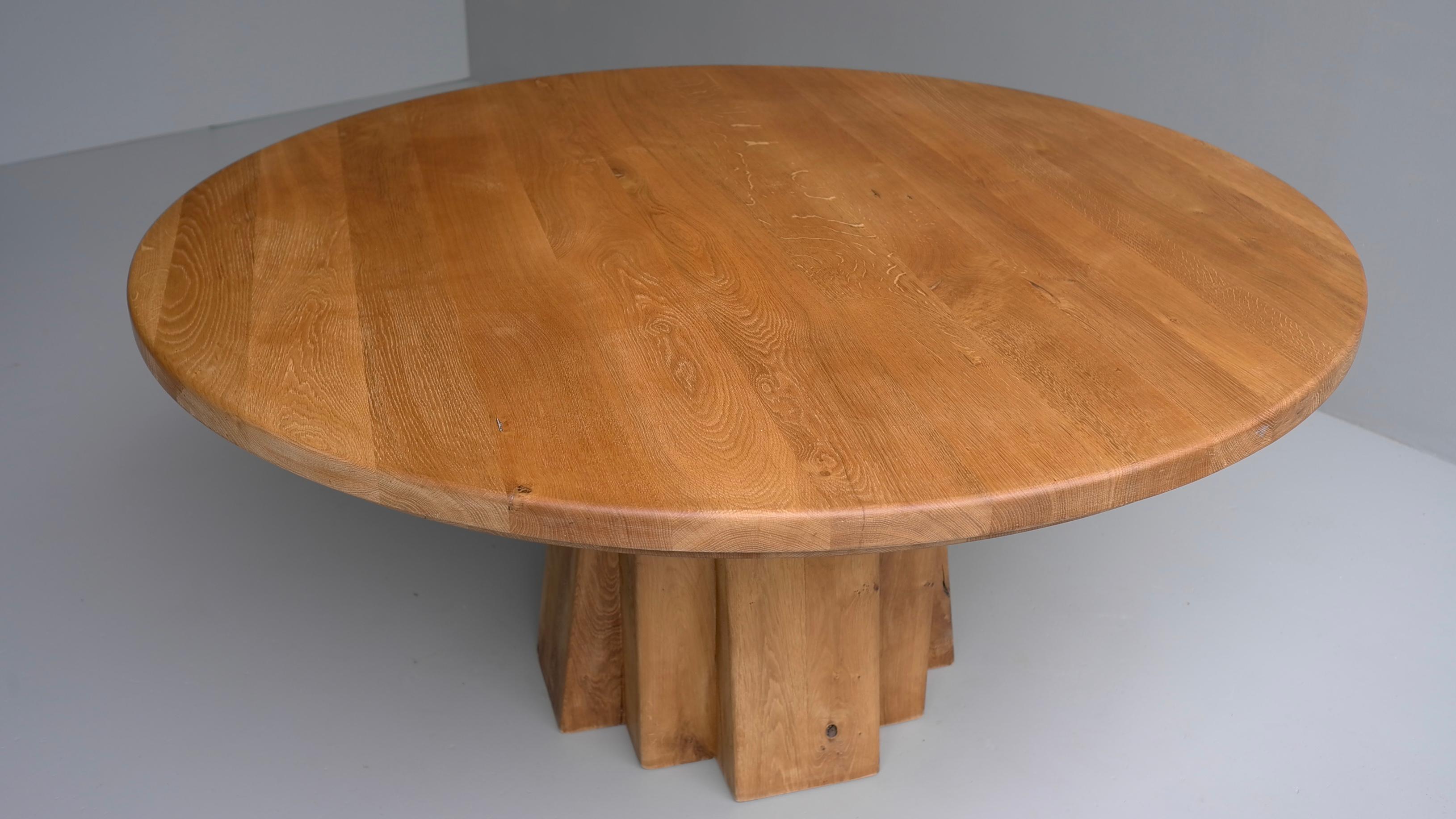 XL Round Solid Oak Dining Table with Cubist Base in Style of Pierre Chapo France 2
