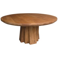 XL Round Solid Oak Dining Table with Cubist Base in Style of Pierre Chapo France