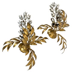 xl set of 2 Golden Florentiner plant Wall Light Sconces by Hans Kögl, Italy 1980