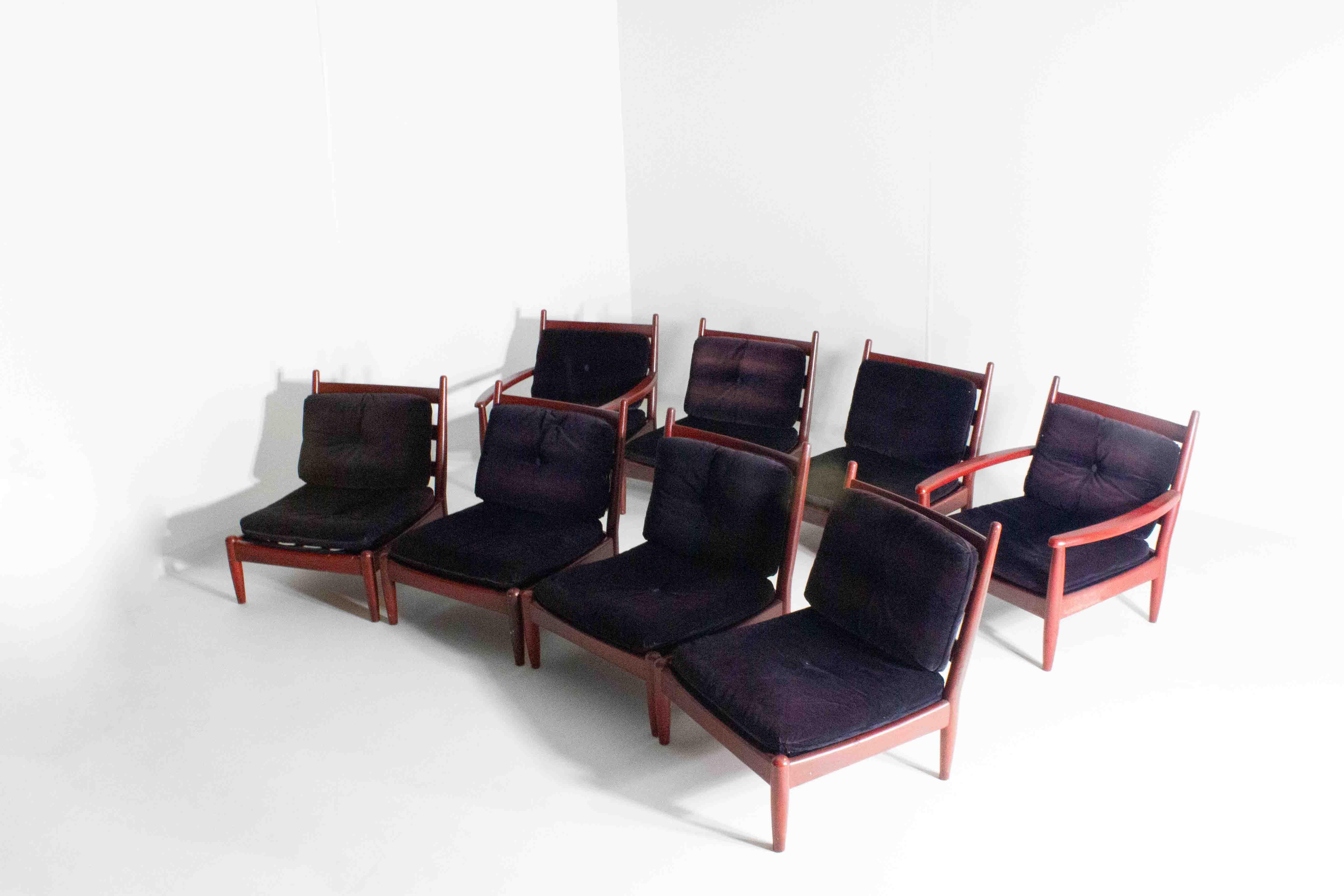 Fabric XL set of 8 mid-century lounge chairs and 2 coffee tables, Belgium 1960s For Sale