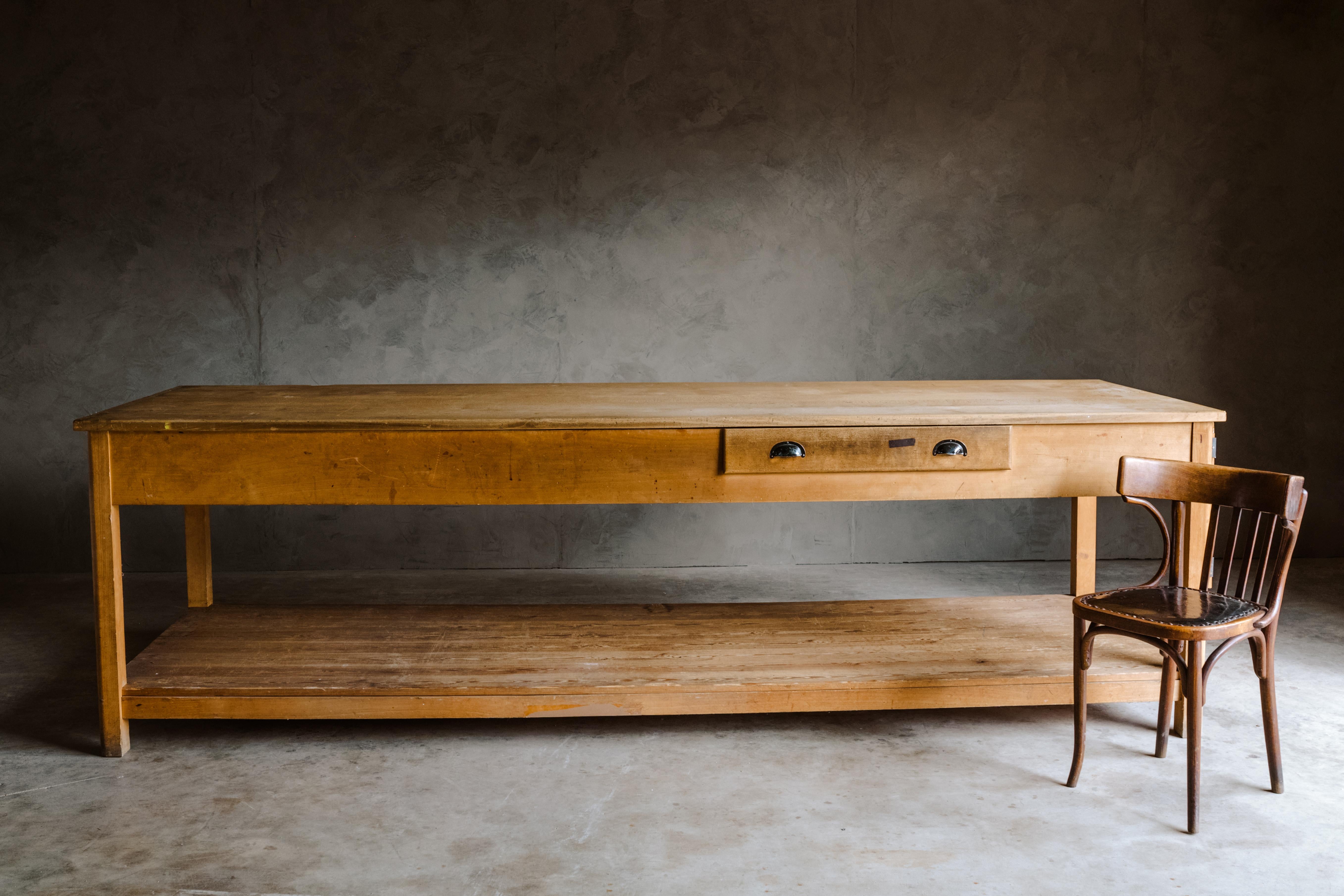 Extra large shop counter from a Haberdashery in France, 1950s. High quality construction and design. Light wear and patina.