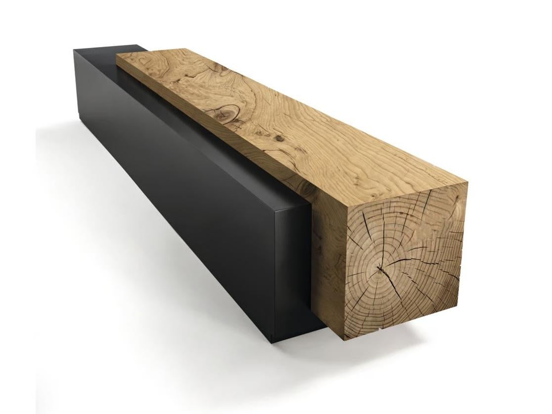 XL Solid Cedar Wood Bench With Red Lacquered Iron by Hikaru Mori In New Condition For Sale In NEW YORK, NY