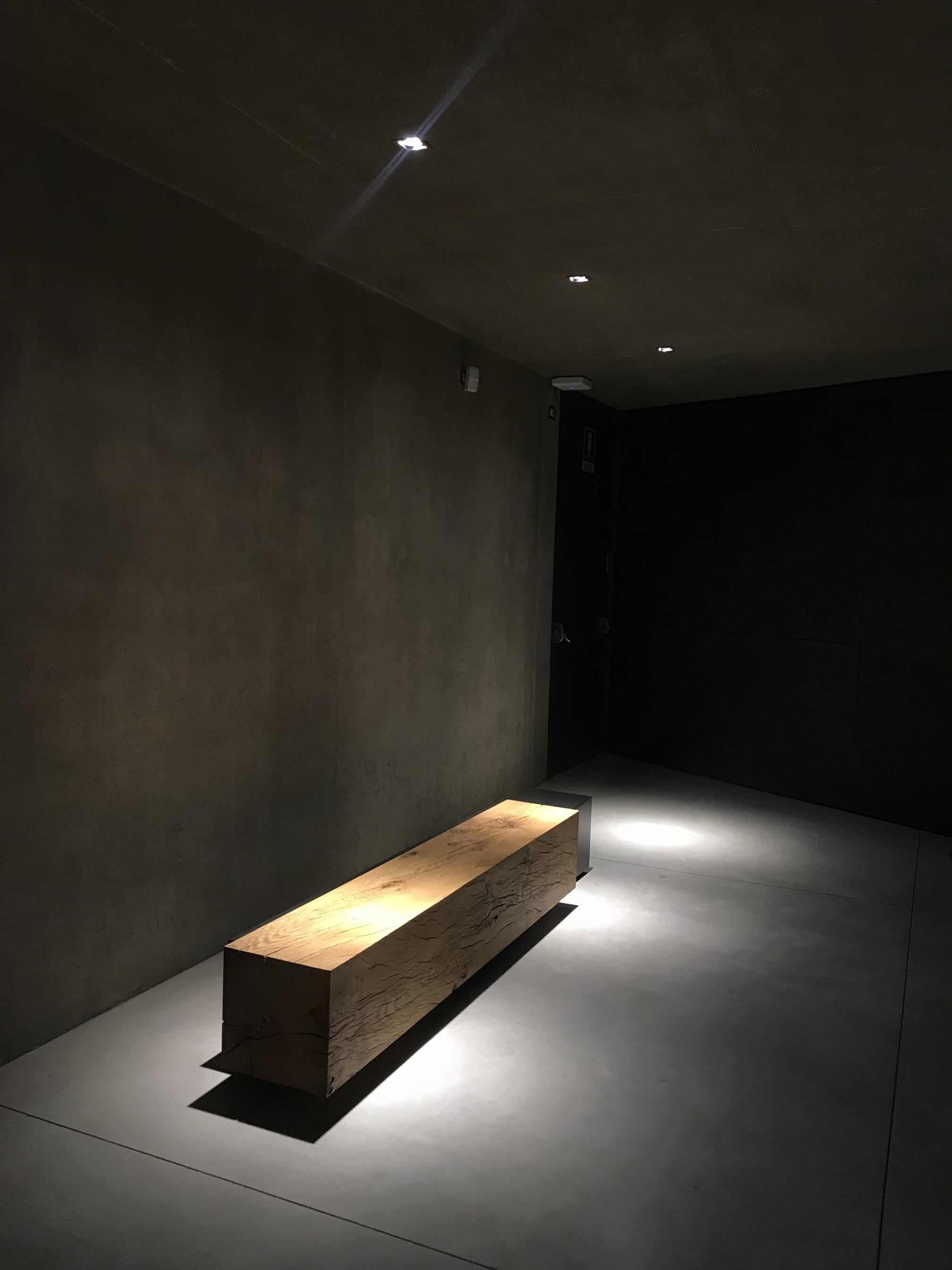 Contemporary XL Solid Cedar Wood Bench With Red Lacquered Iron by Hikaru Mori For Sale