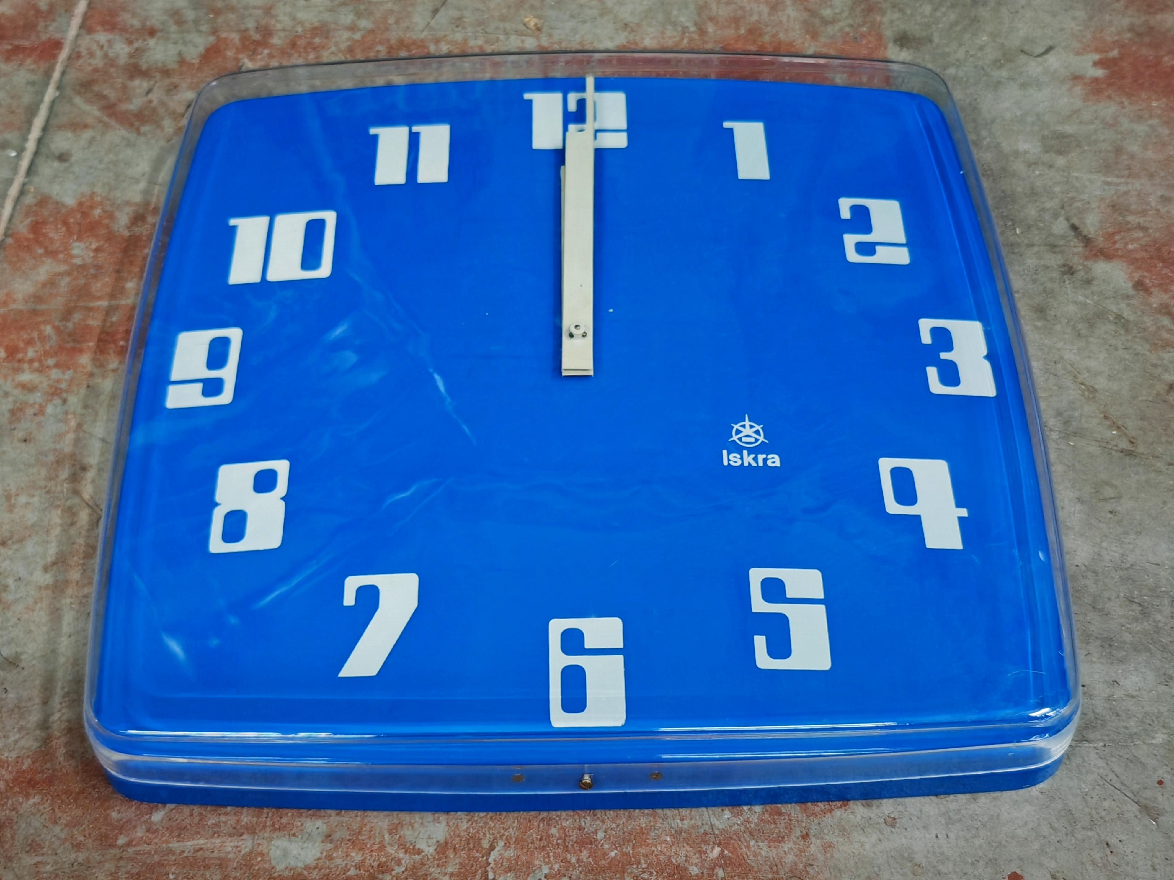 Late 20th Century XL Space Age Wall Clock in electric blue acrylic by Iskra, Yugoslavia 1970s For Sale