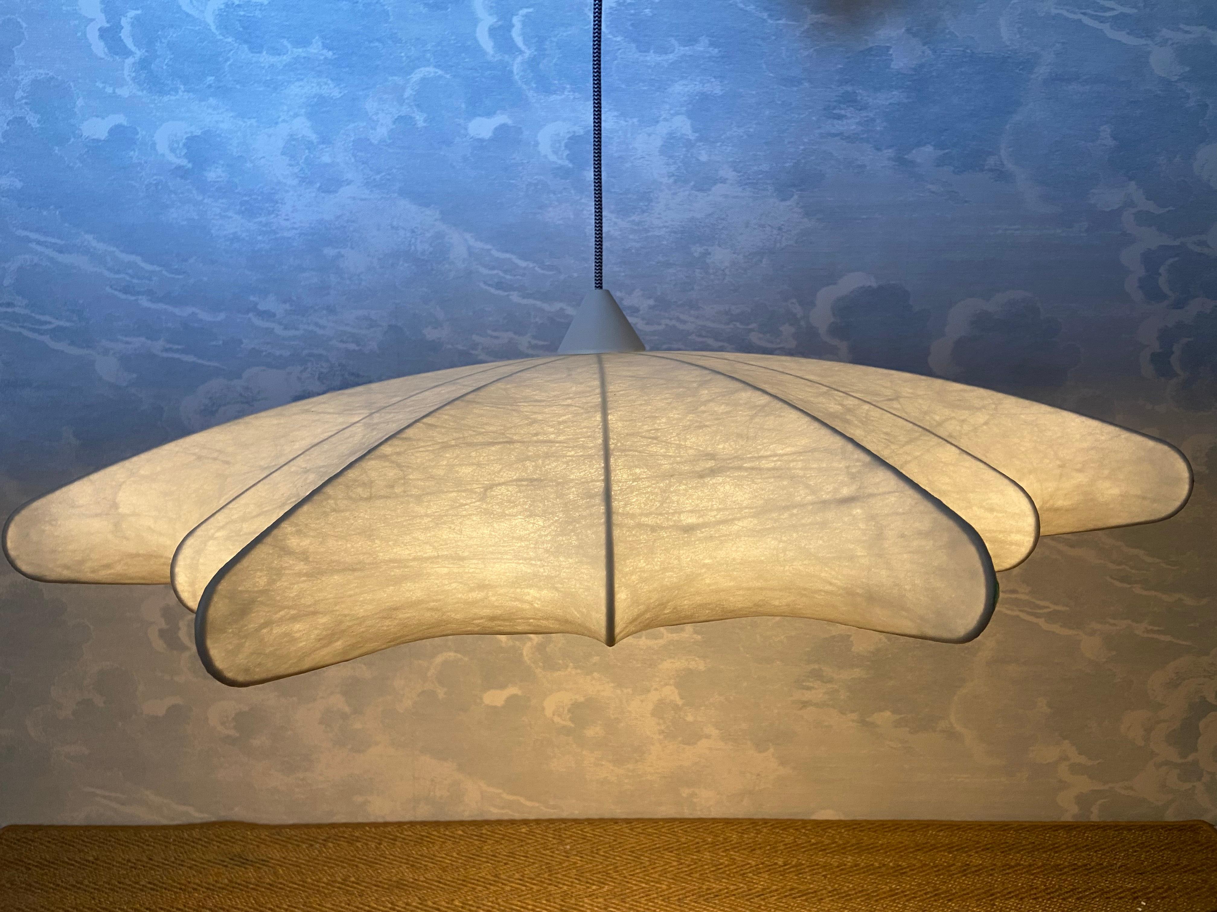 Il s'agit d'un très grand cocon lumineux en forme d'étoile qui produit un éclairage diffus, chaud et confortable.  parfait pour créer un espace intime et raffiné. 

Bien proportionnée, cette lampe suspendue est livrée avec un nouveau câblage et