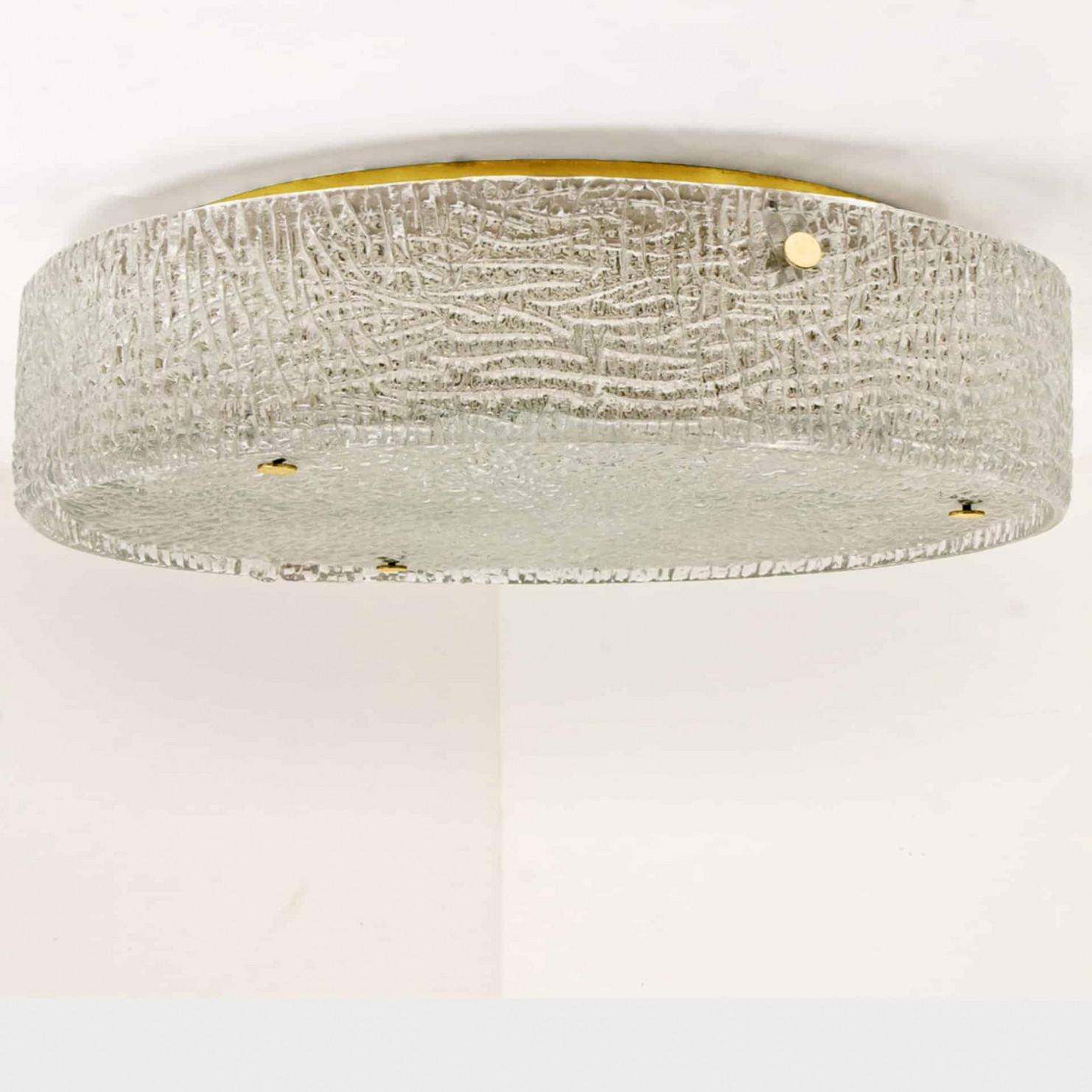 Mid-Century Modern XL Thick Textured Glass Brass Flush Mounts Ceiling Lights, 1960s For Sale