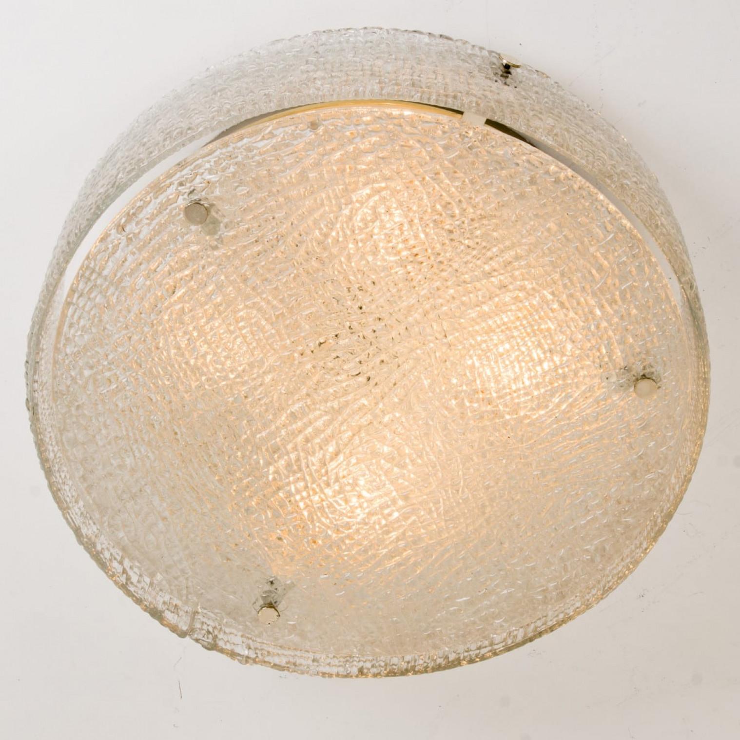 XL Thick Textured Glass Brass Flush Mounts Ceiling Lights, 1960s For Sale 1