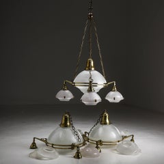 XL Three Arm Aged Brass Holophane Church Chandelier - 3 AVAILABLE