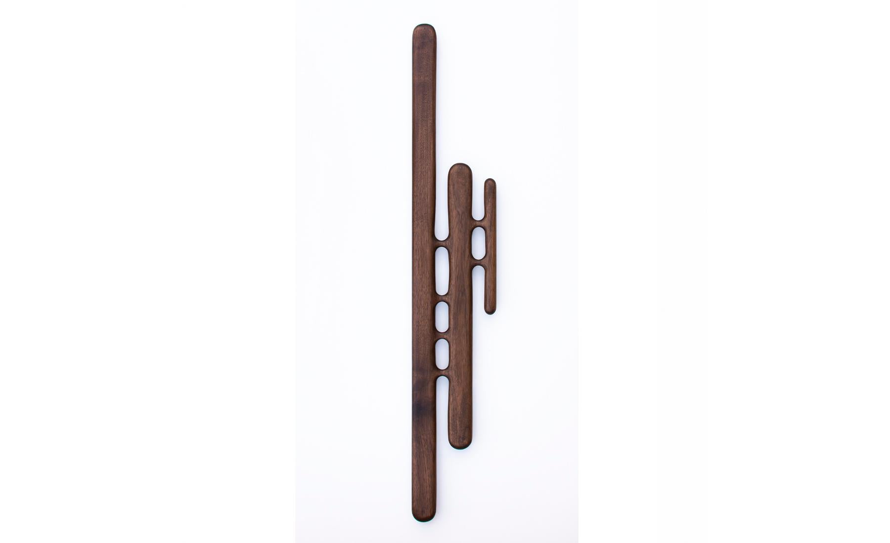 A modernist wall sculpture hand carved in Black Walnut that embodies a captivating synthesis of form and emotion, inviting viewers into a journey of personal discovery. Its smooth surface finish, meticulously crafted, invites touch and exploration,