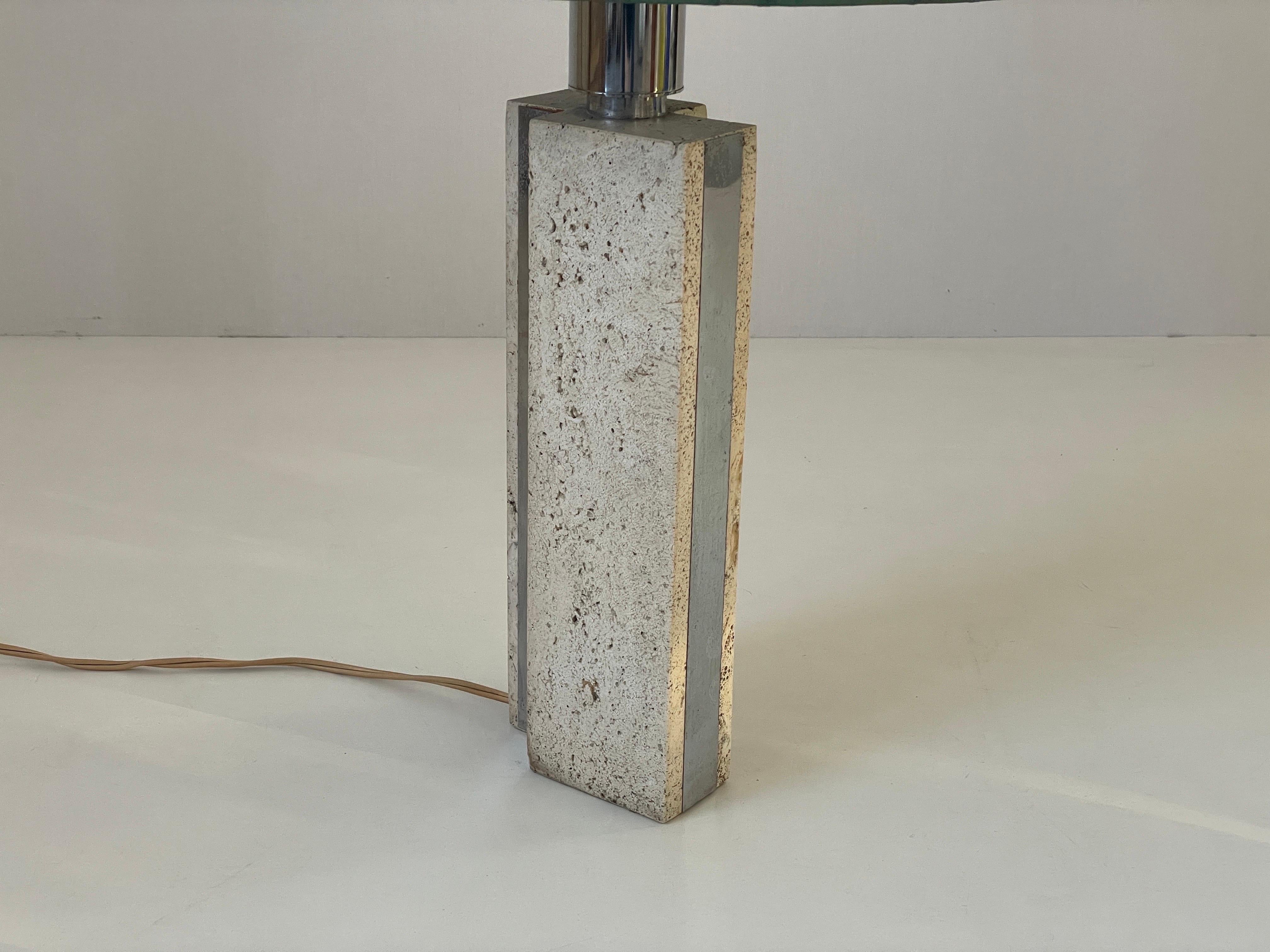 XL Travertine Table Lamp with Green Fabric Shade, 1970s, Italy For Sale 4