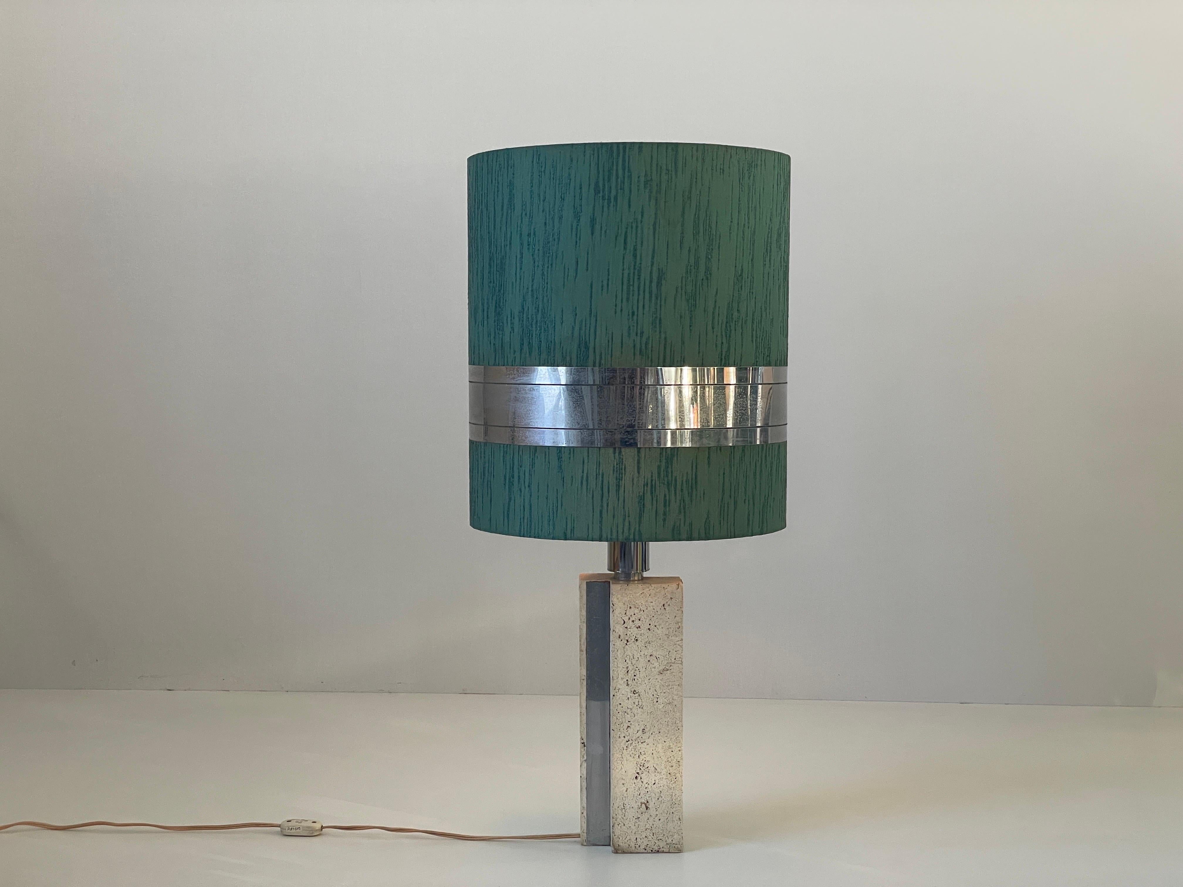XL Travertine Table Lamp with Green Fabric Shade, 1970s, Italy For Sale 5