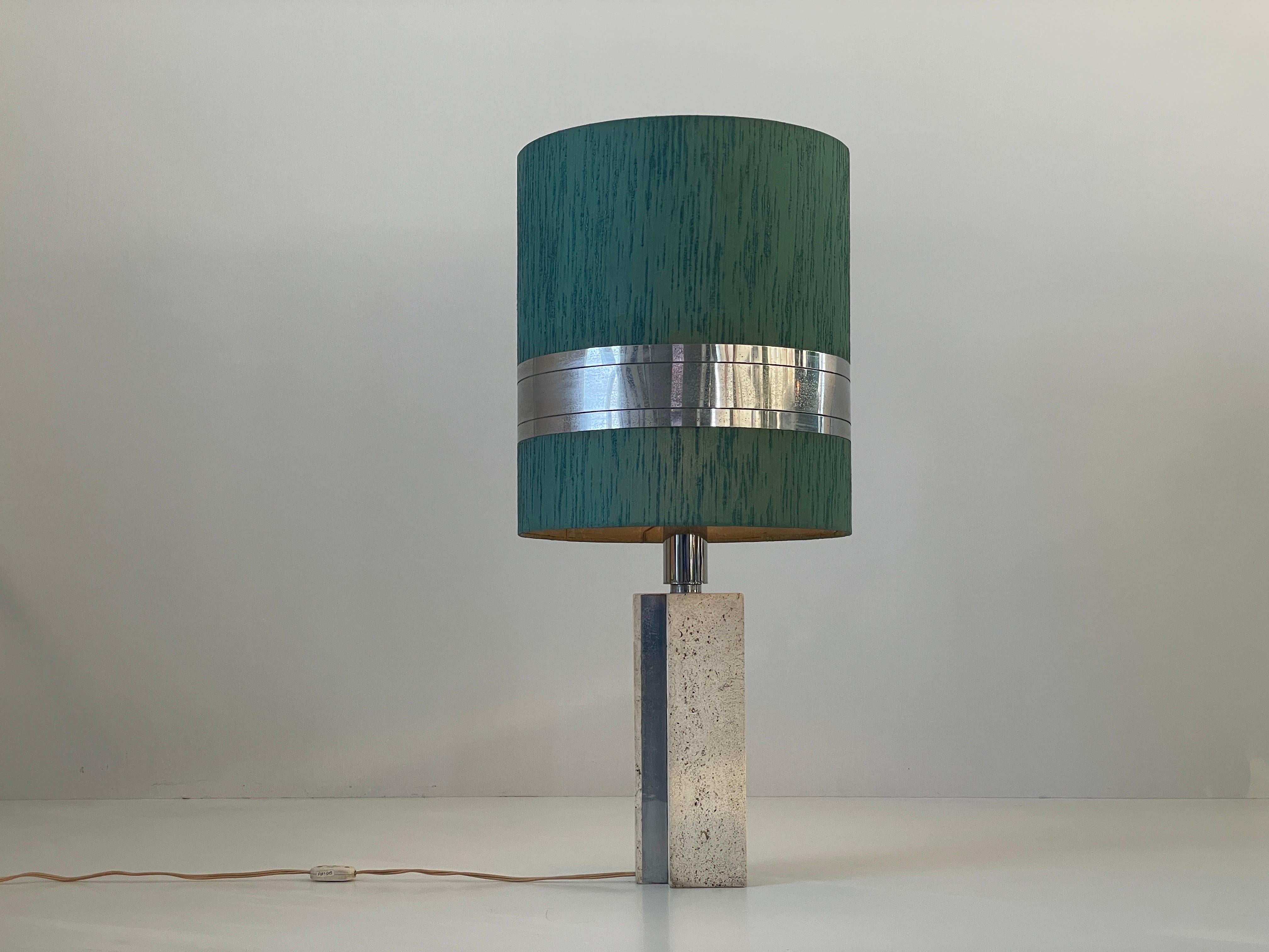 XL Travertine Table Lamp with Green Fabric Shade, 1970s, Italy For Sale 6