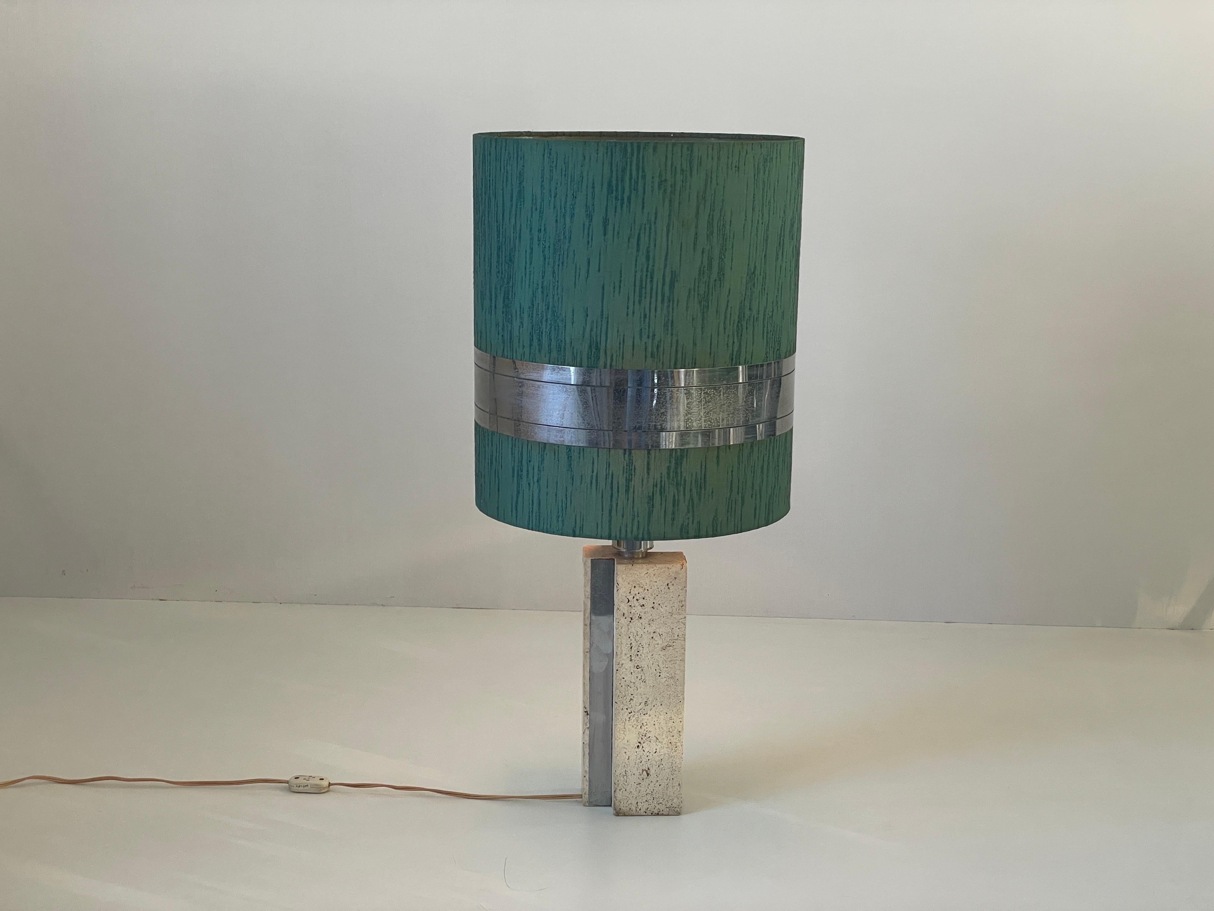 XL Travertine Table Lamp with Green Fabric Shade, 1970s, Italy For Sale 7
