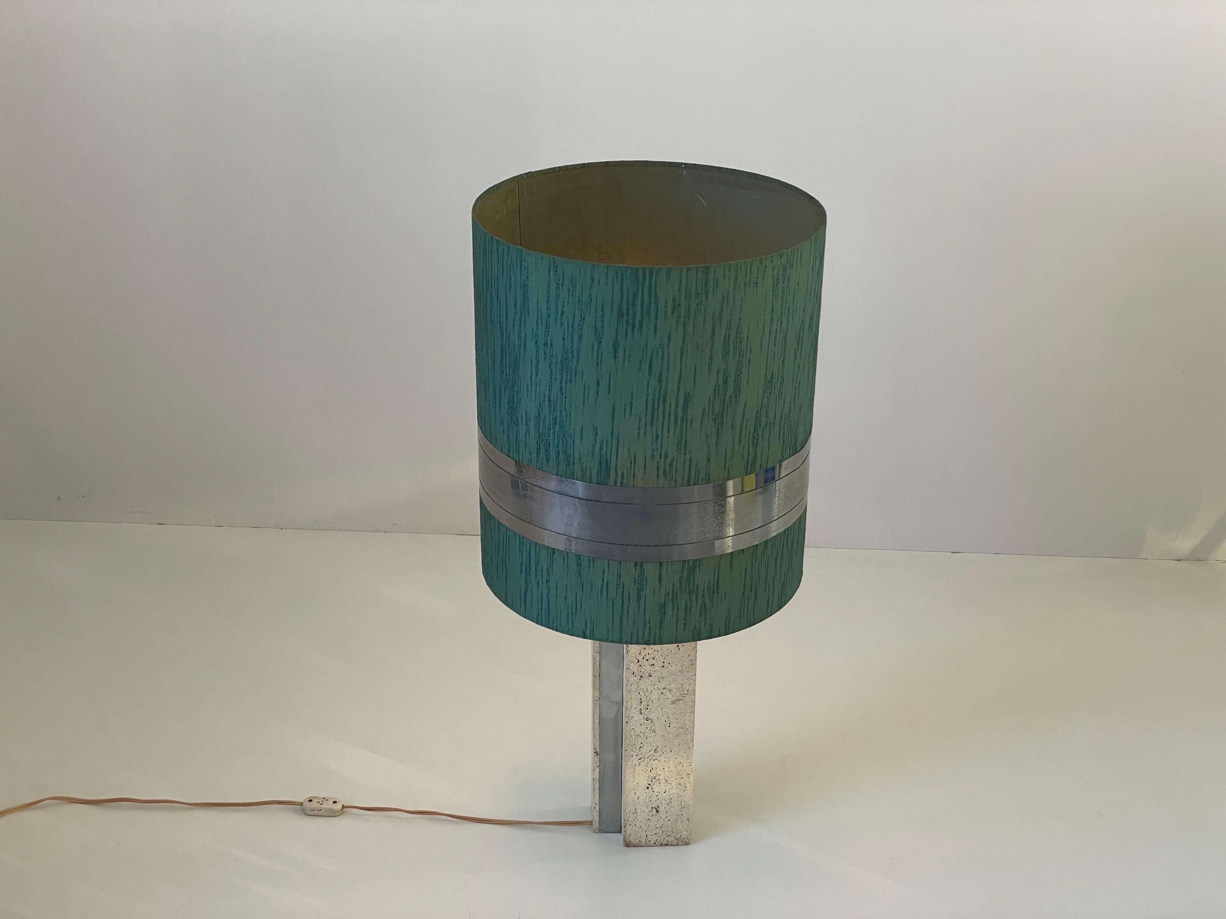 XL Travertine Table Lamp with Green Fabric Shade, 1970s, Italy For Sale 8