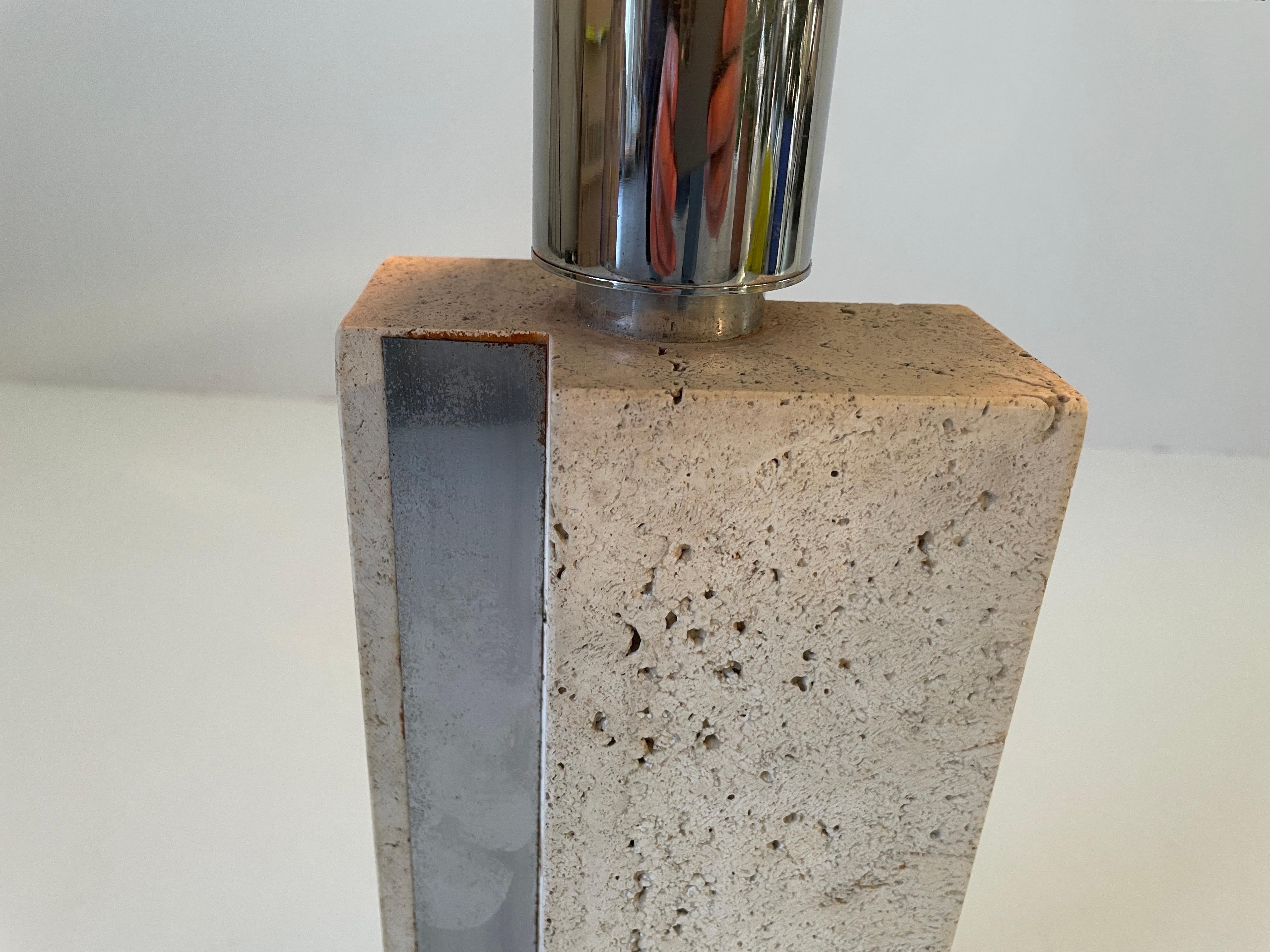 XL Travertine Table Lamp with Green Fabric Shade, 1970s, Italy For Sale 12
