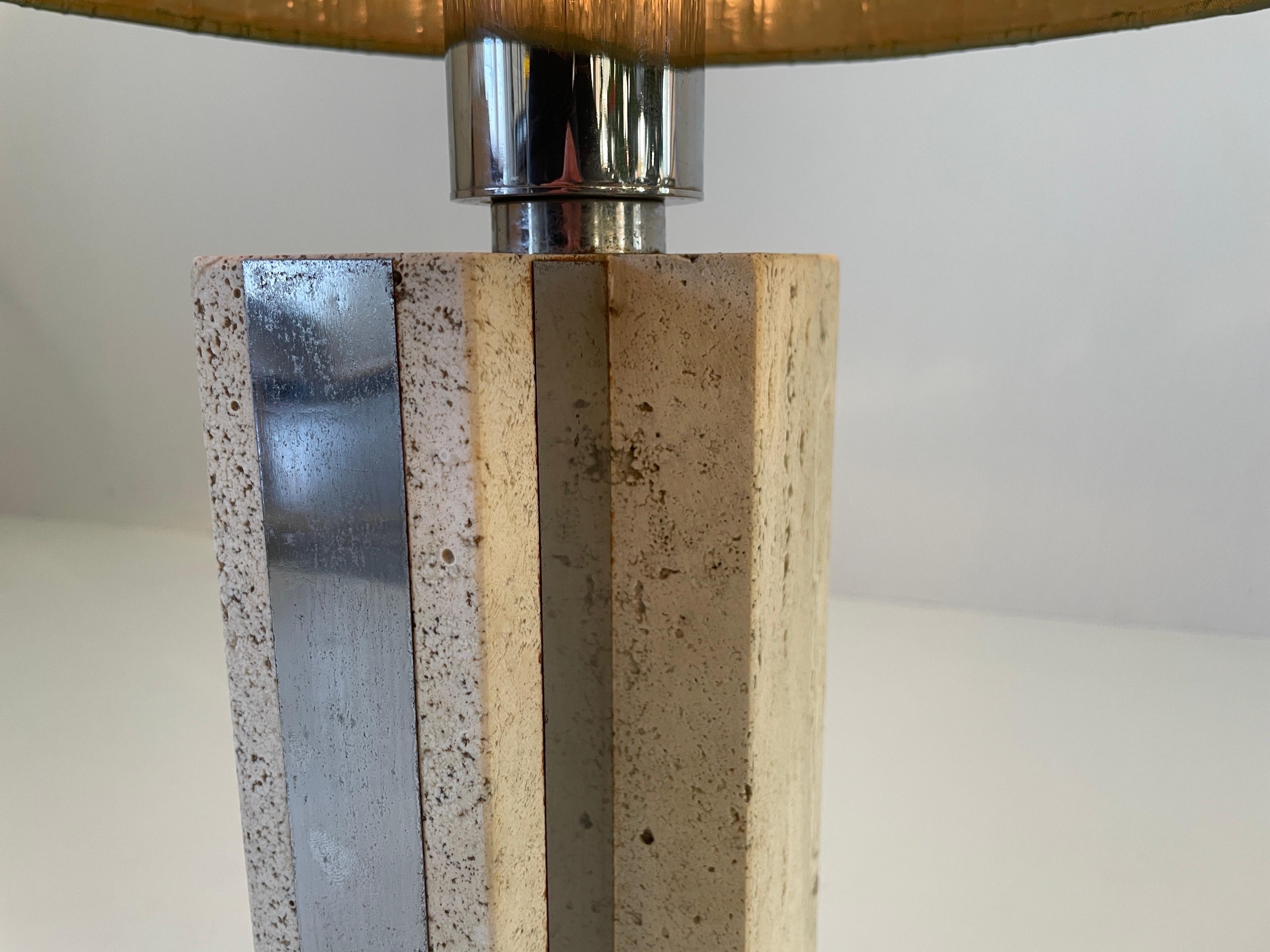 XL Travertine Table Lamp with Green Fabric Shade, 1970s, Italy For Sale 13