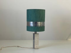 XL Travertine Table Lamp with Green Fabric Shade, 1970s, Italy