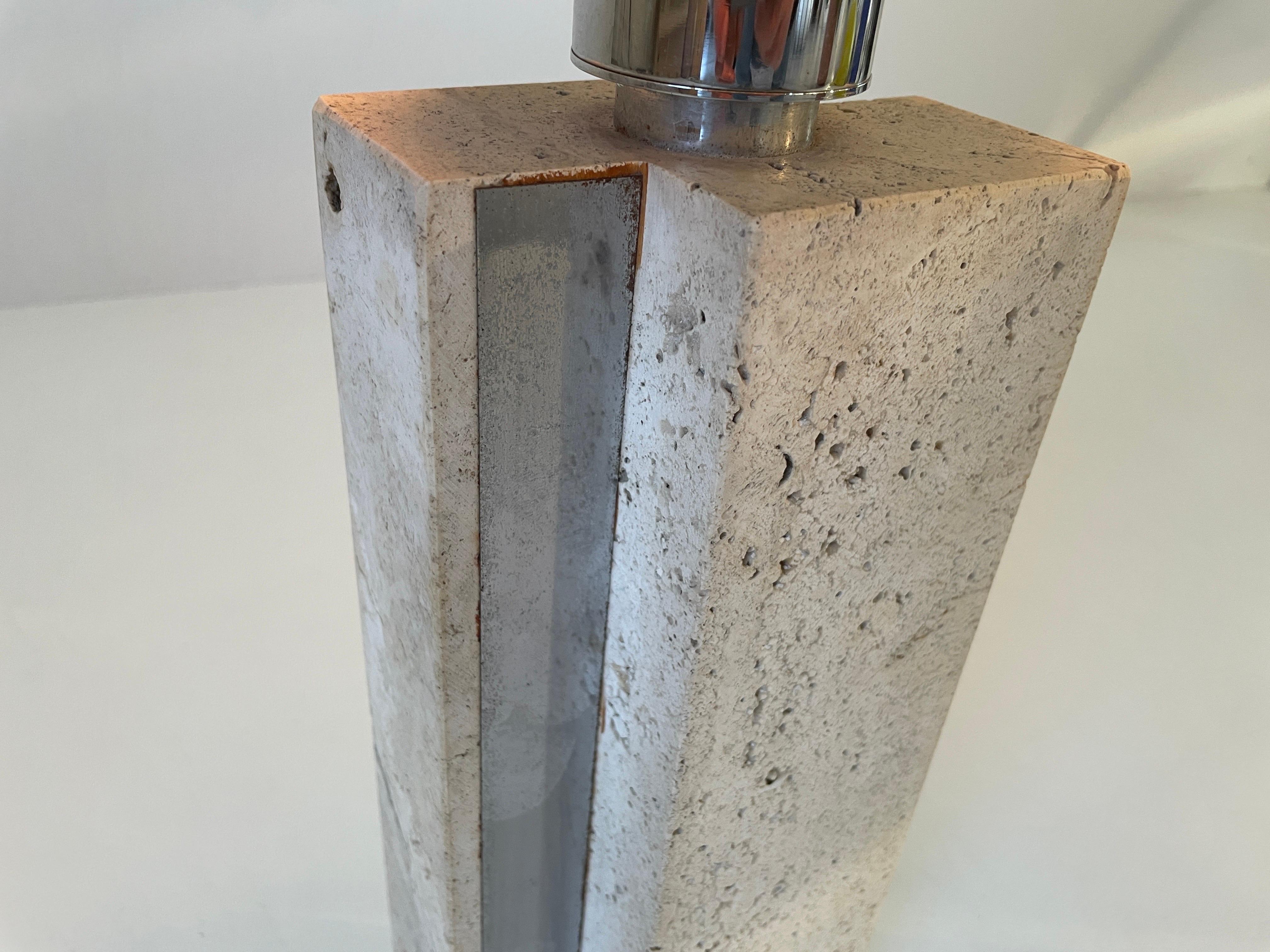 XL Travertine Table Lamp with Green Fabric Shade, 1970s, Italy For Sale 14