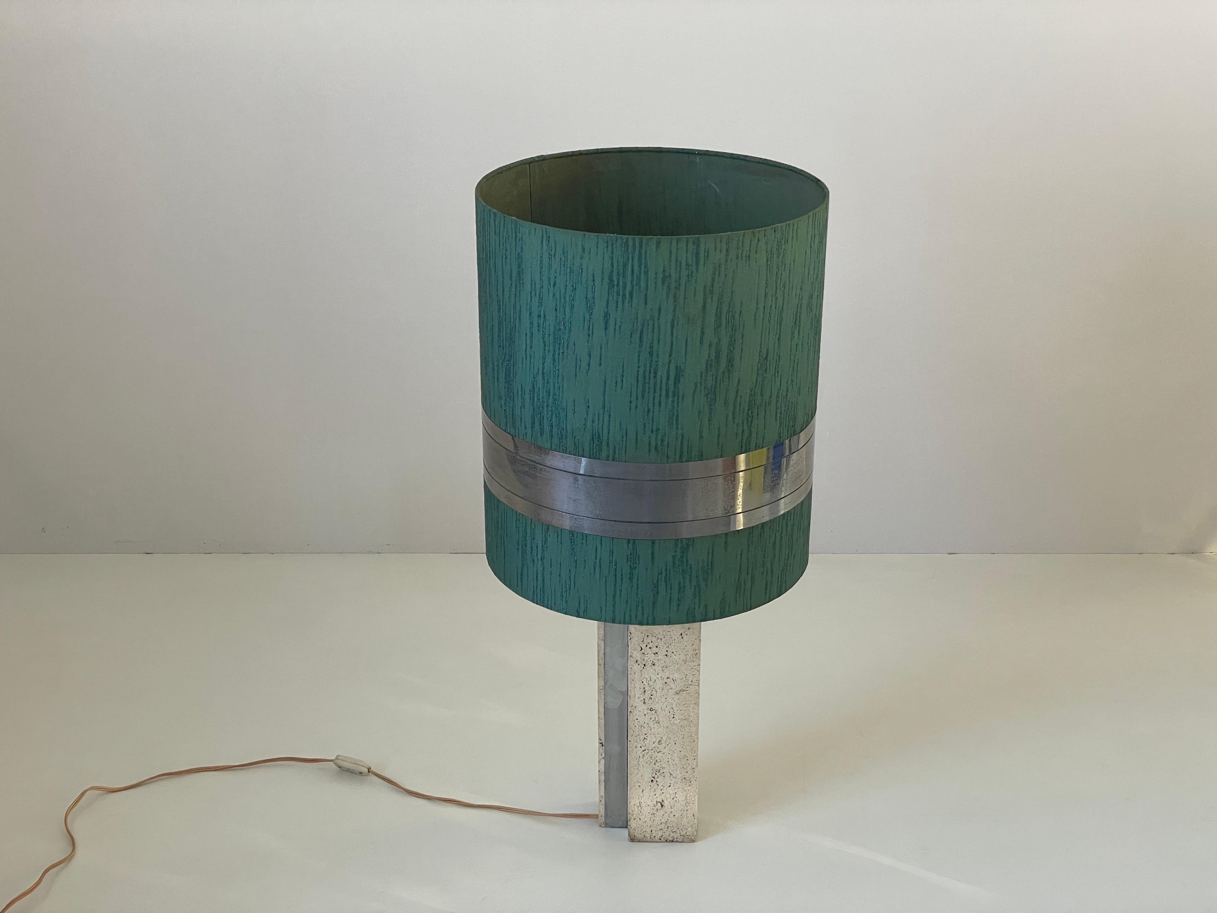 Mid-Century Modern XL Travertine Table Lamp with Green Fabric Shade, 1970s, Italy For Sale