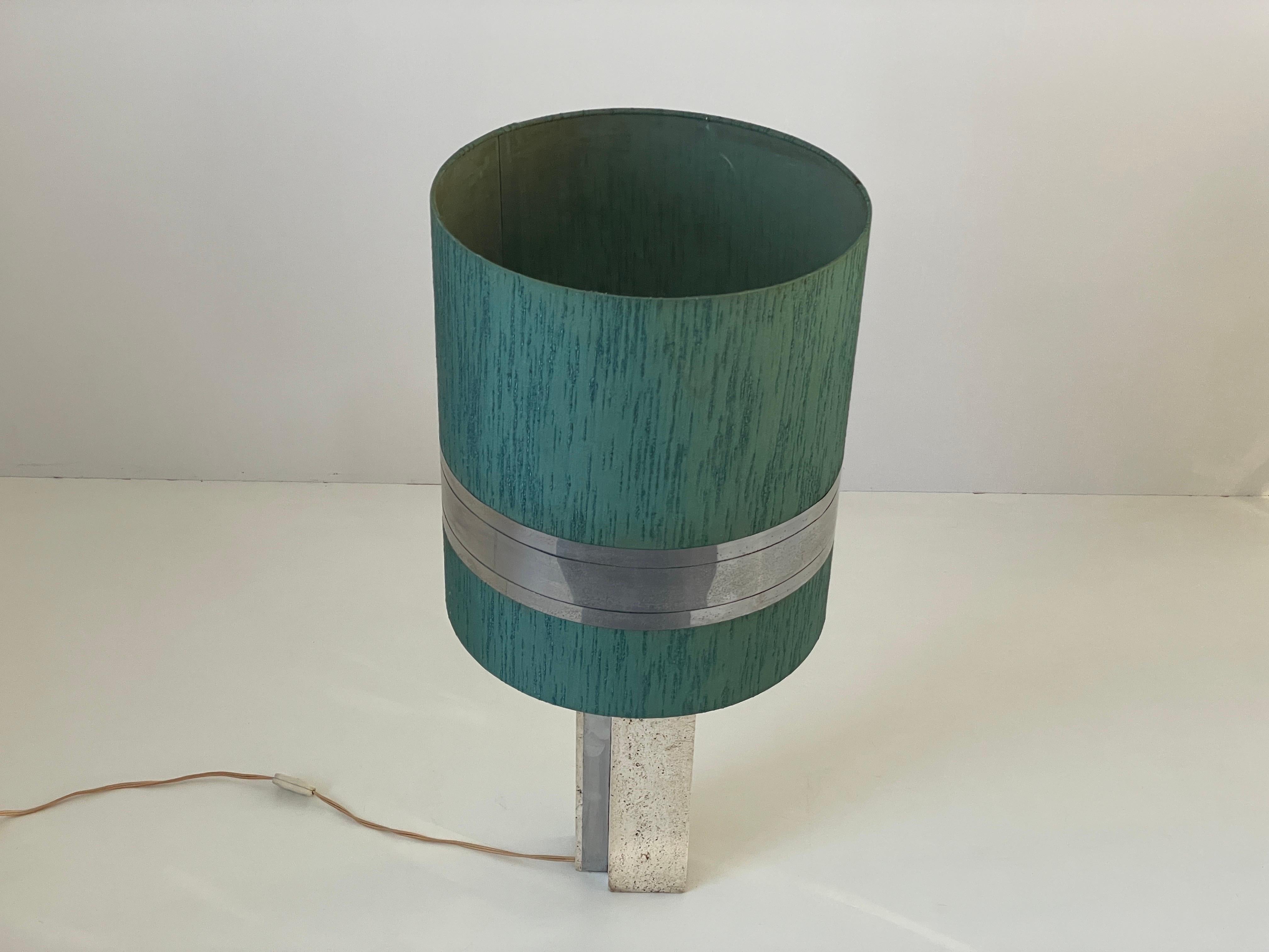 Italian XL Travertine Table Lamp with Green Fabric Shade, 1970s, Italy For Sale