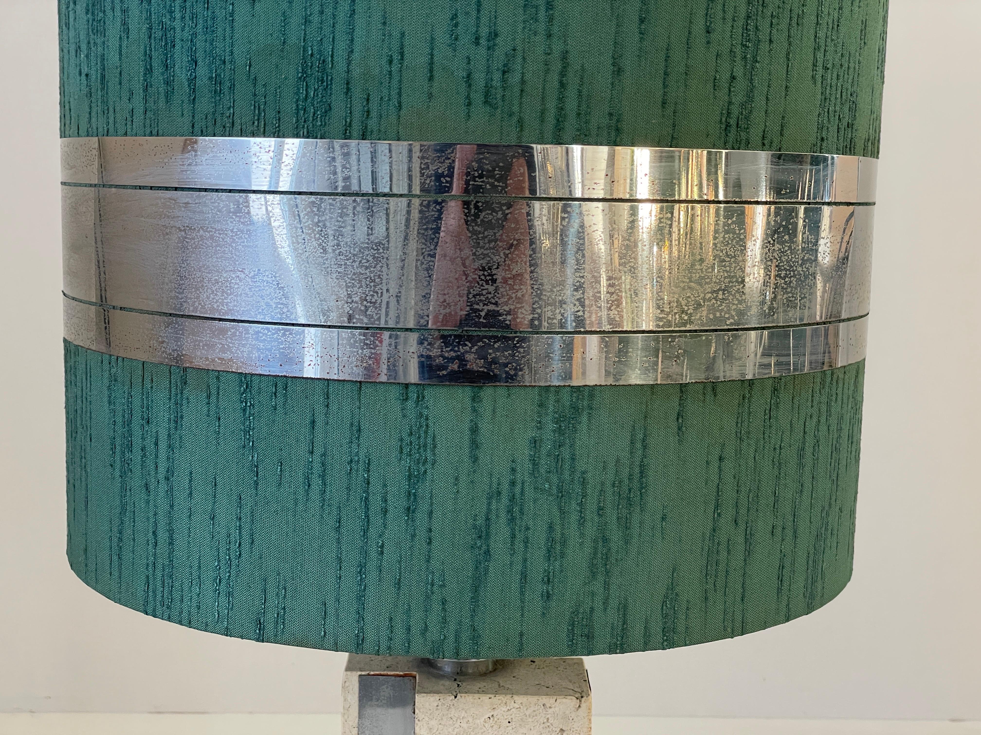 XL Travertine Table Lamp with Green Fabric Shade, 1970s, Italy In Excellent Condition For Sale In Hagenbach, DE