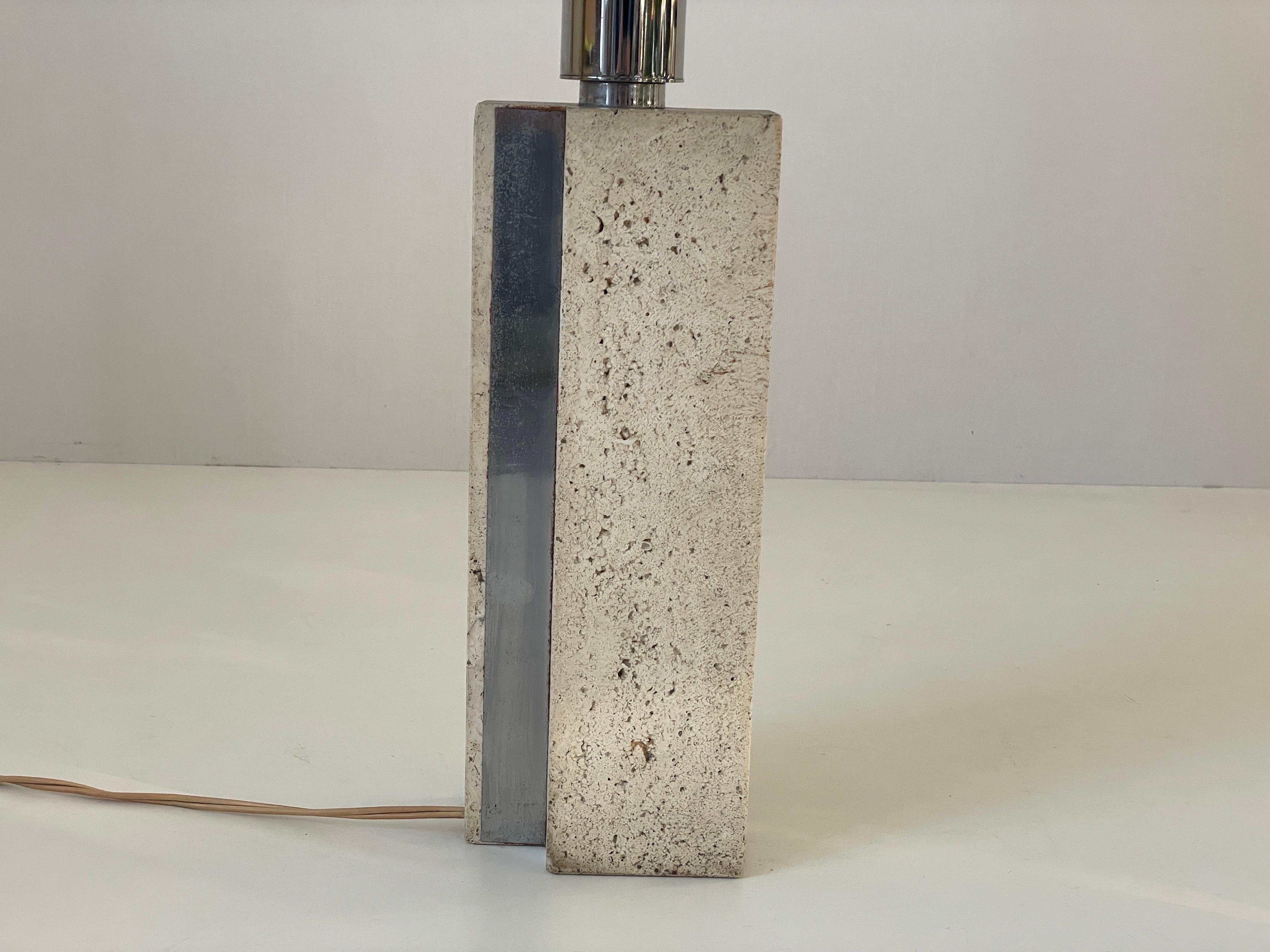 XL Travertine Table Lamp with Green Fabric Shade, 1970s, Italy For Sale 1