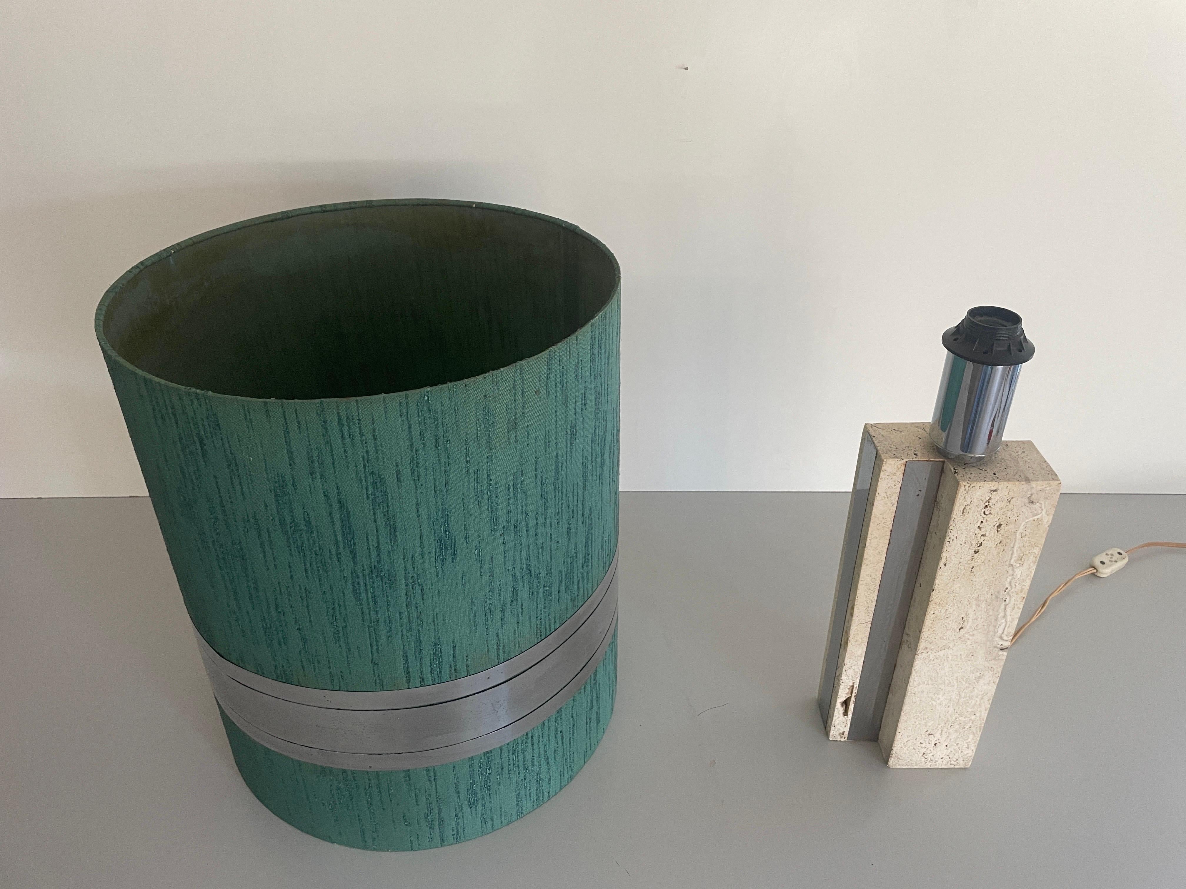 XL Travertine Table Lamp with Green Fabric Shade, 1970s, Italy For Sale 2