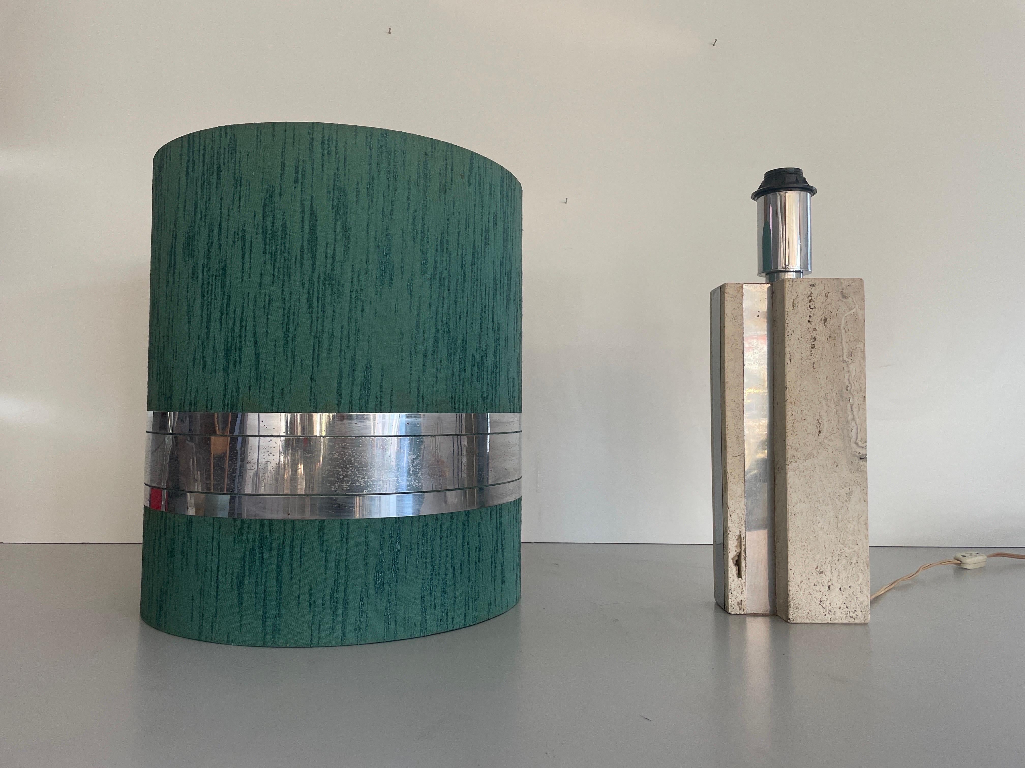 XL Travertine Table Lamp with Green Fabric Shade, 1970s, Italy For Sale 3