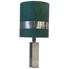 XL Travertine Table Lamp with Green Fabric Shade, 1970s, Italy