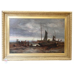 Peinture à l'huile victorienne Norfolk Coast Maritime 1860 6 Ft