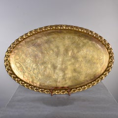 XL Vintage Brass Tray or Table Top with Scalloped Edge and Etched Leaf Design