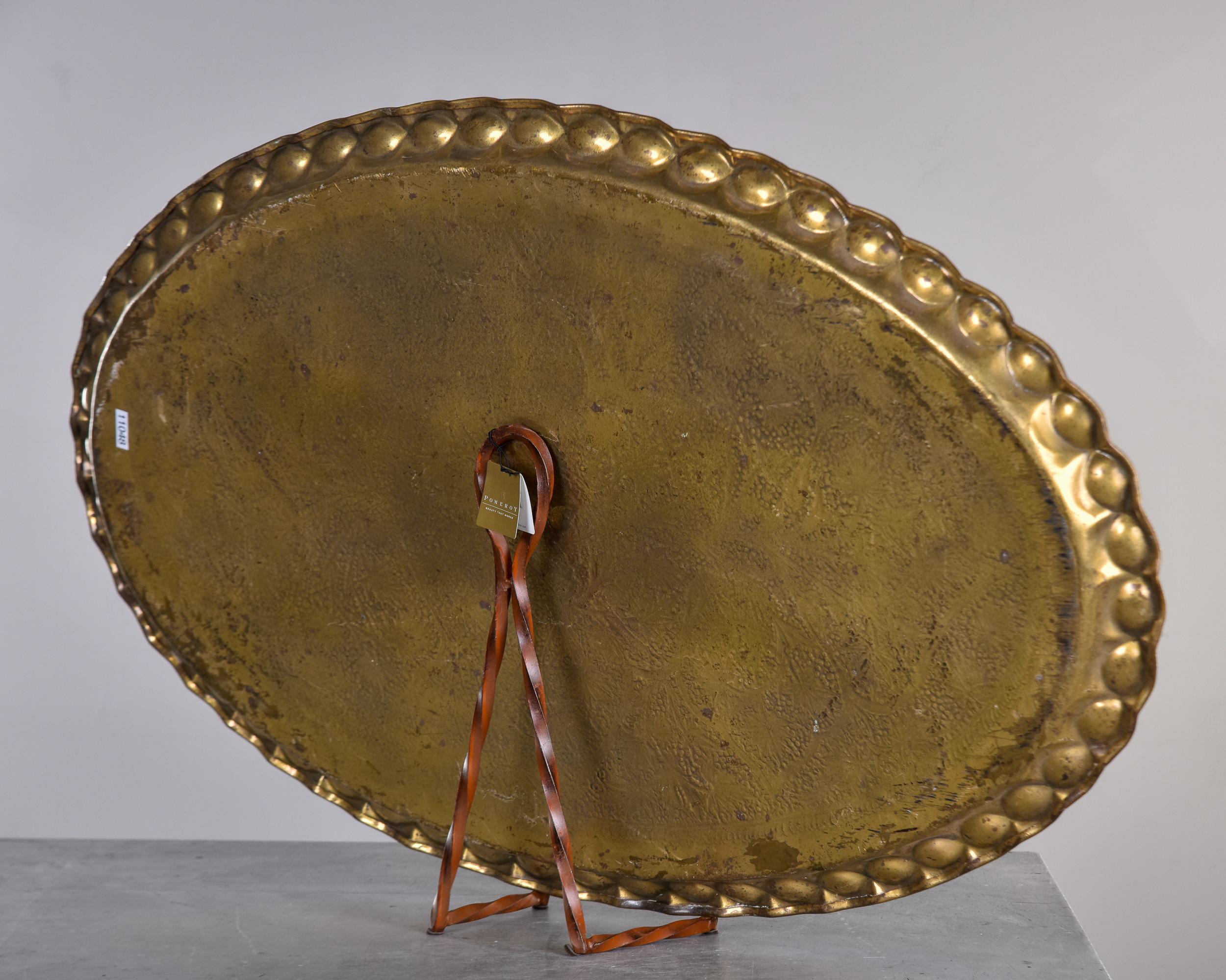 Bohemian XL Vintage Brass Tray or Table Top with Scalloped Edge and Etched Leaf Design