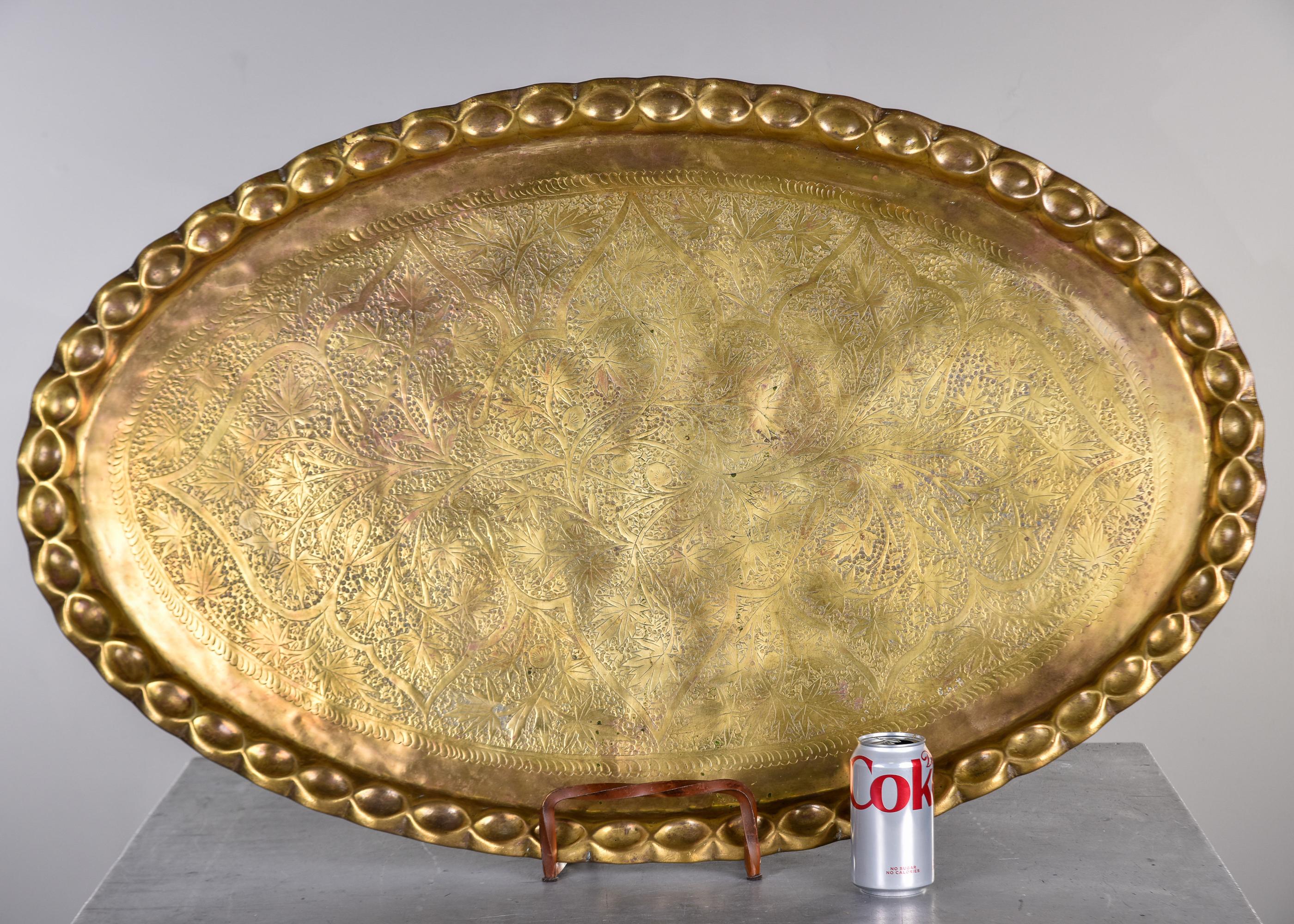 Unknown XL Vintage Brass Tray or Table Top with Scalloped Edge and Etched Leaf Design