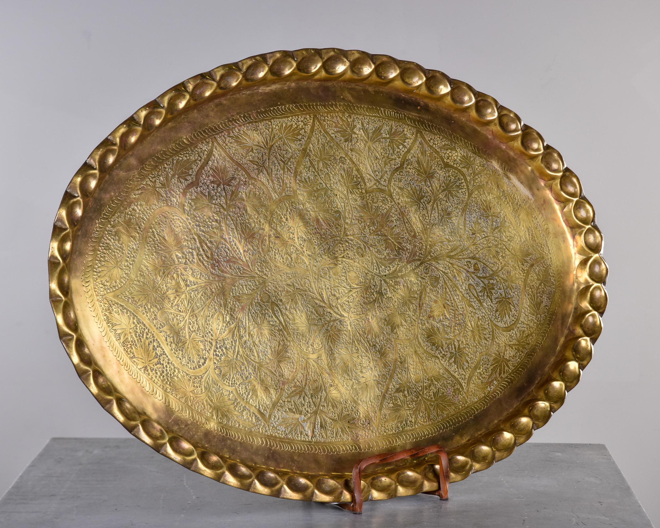 20th Century XL Vintage Brass Tray or Table Top with Scalloped Edge and Etched Leaf Design