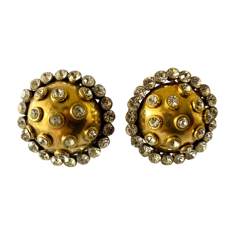 XL Vintage Chanel Gold Dome Diamante Statement Earrings For Sale at 1stDibs