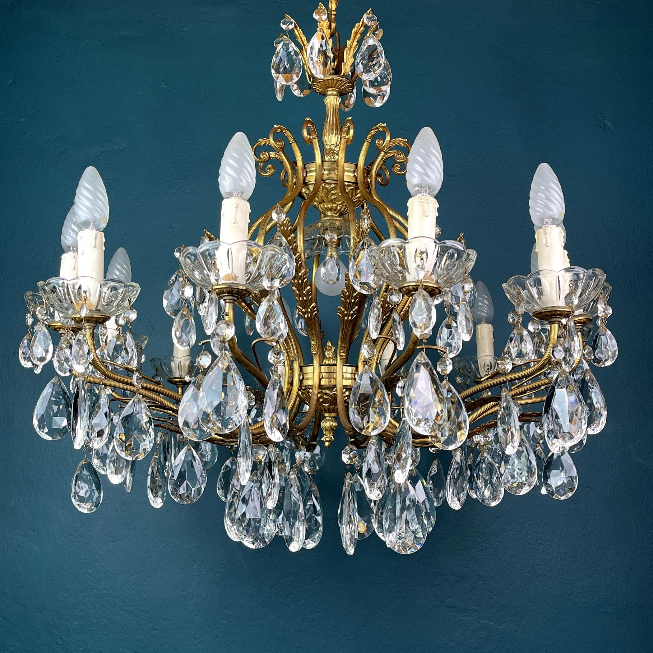 Bronze Xl Vintage Crystal Chandelier Italy 1950s Hollywood Regency For Sale