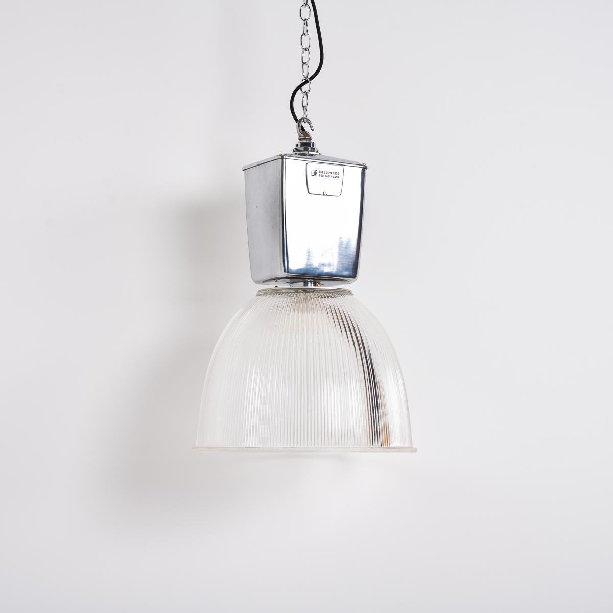 English XL Vintage Industrial Prismatic Glass Factory Lights by Holophane For Sale