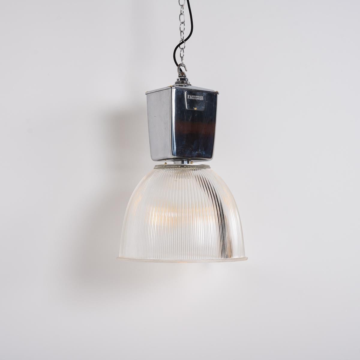 Hand-Crafted XL Vintage Industrial Prismatic Glass Factory Lights by Holophane For Sale