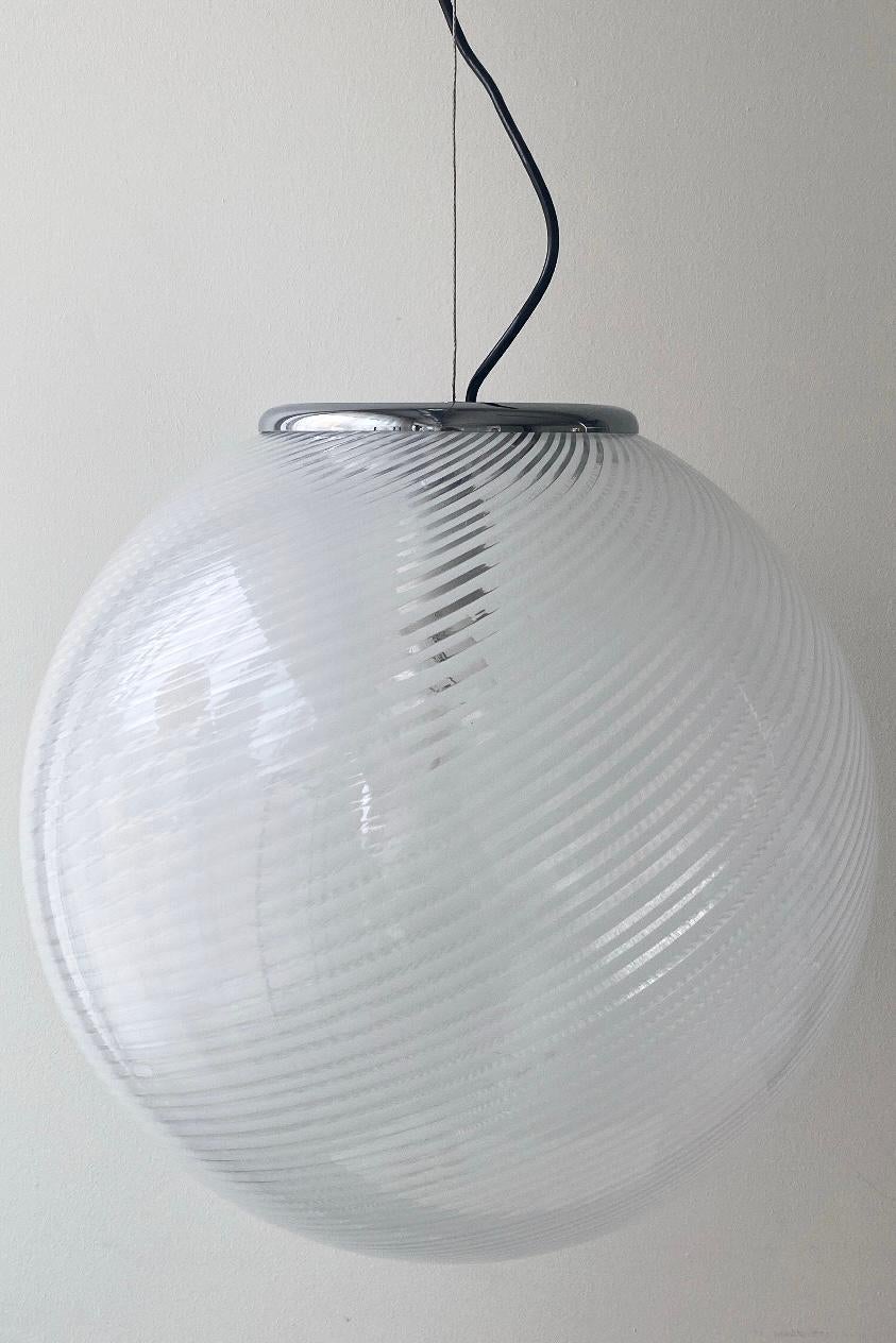 Murano Glass XL Vintage Italian Murano 1970s Filigrana White Swirl Glass Pendant Ceiling Lamp For Sale