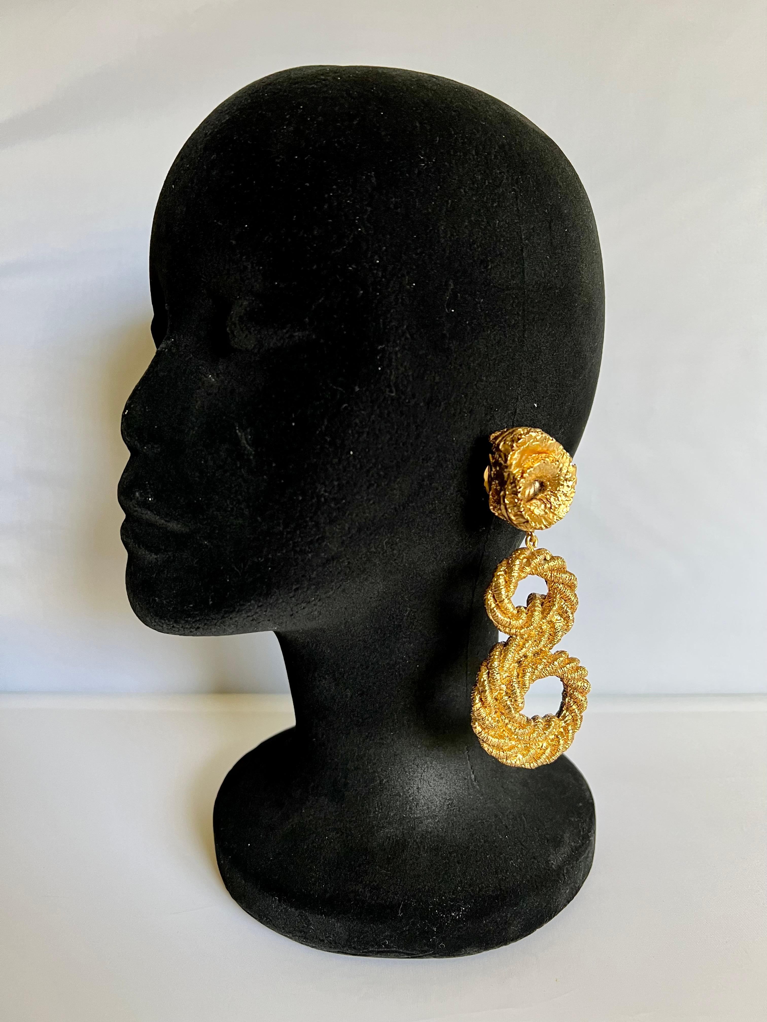 Artisan XL Vintage Knotted Rope Gold Swirl Earrings  For Sale