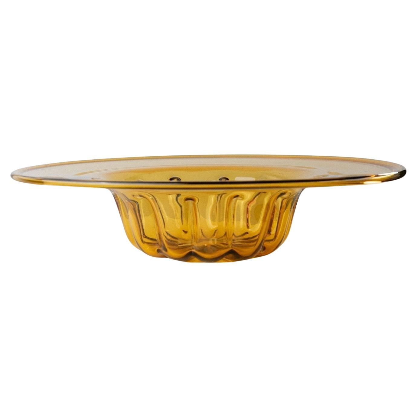 XL Vintage Murano Glass Bowl Amber Coloured with Ribbed Pattern Italy, 1920s