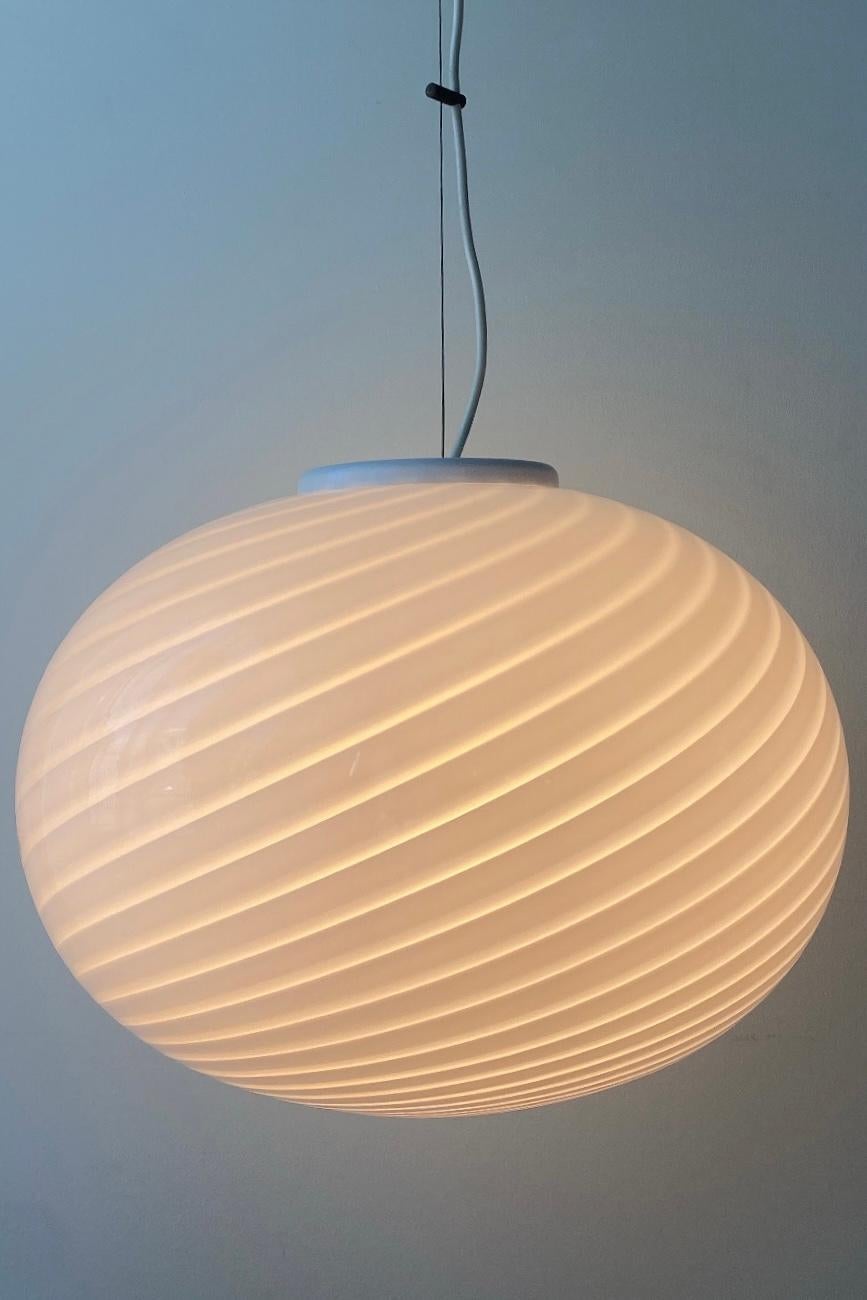 XL Vintage Murano Pendant Ceiling Lamp White Swirl Glass Original 70s Italian 5