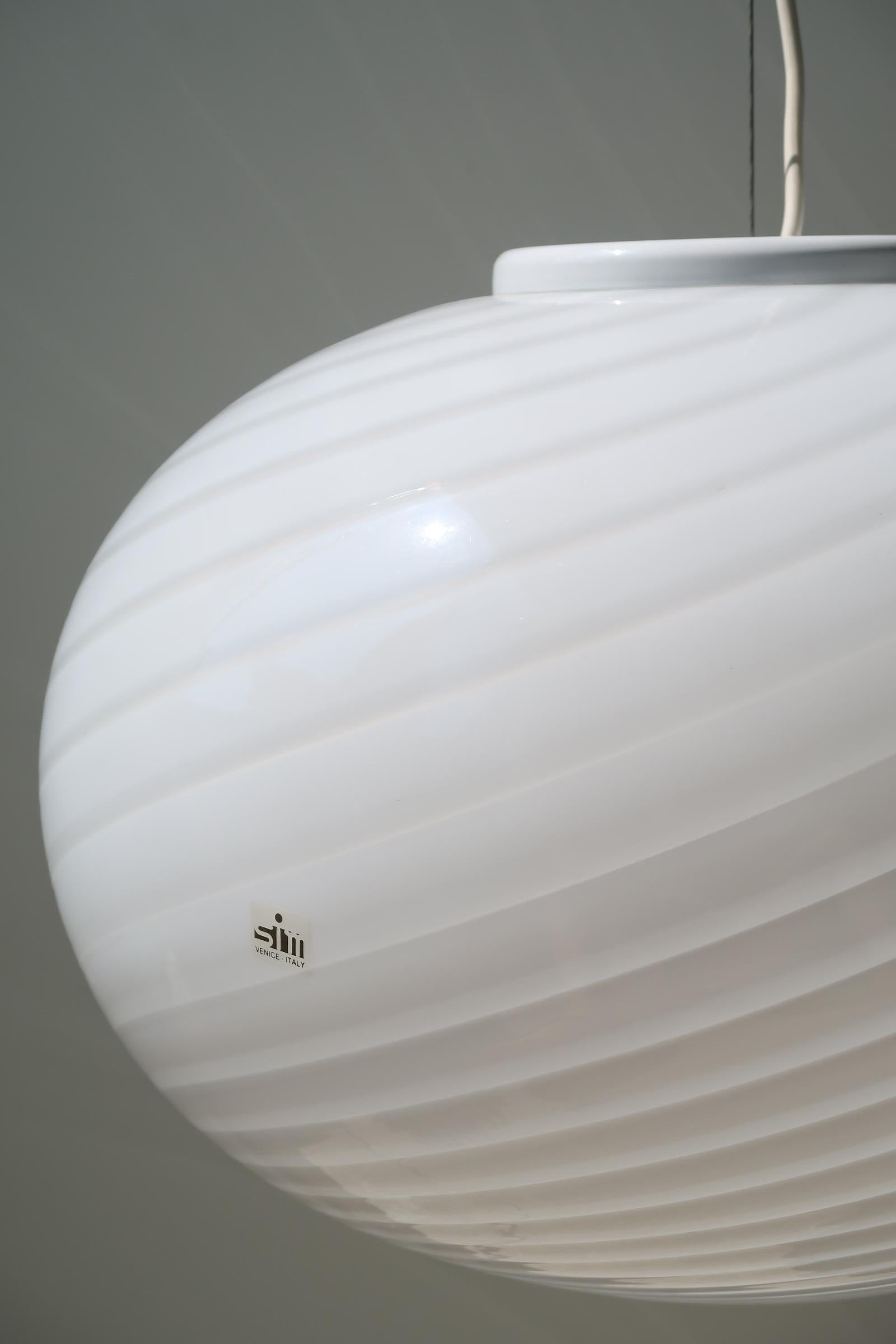 XL Vintage Murano Pendant Ceiling Lamp White Swirl Glass Original 70s Italian 2