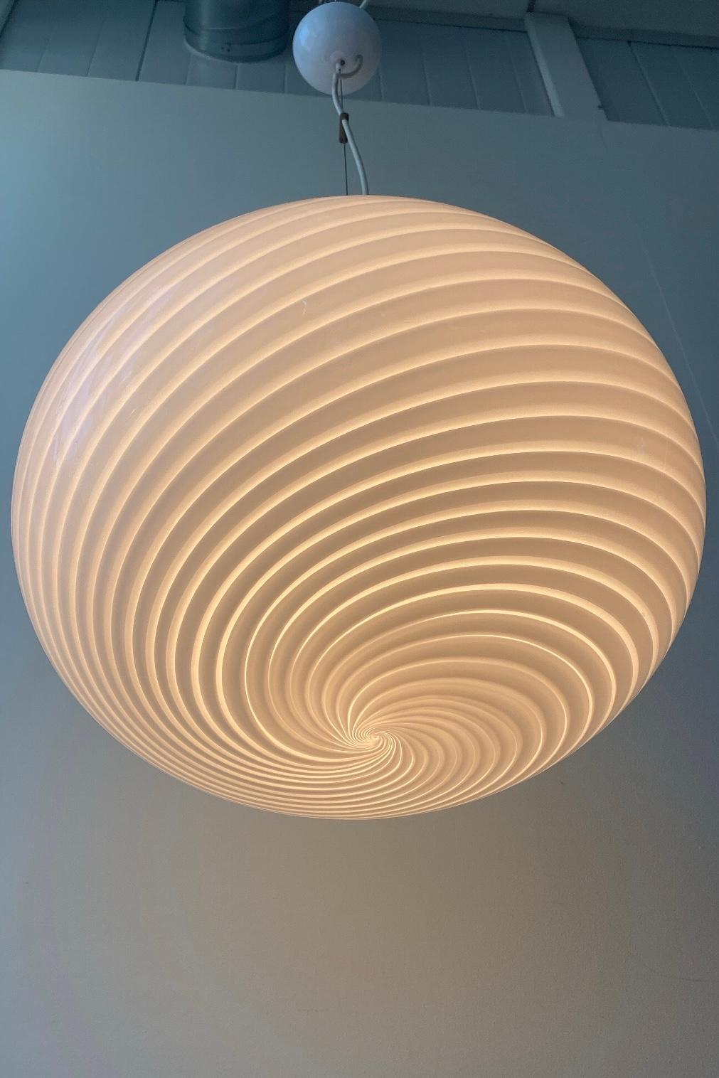 XL Vintage Murano Pendant Ceiling Lamp White Swirl Glass Original 70s Italian 3