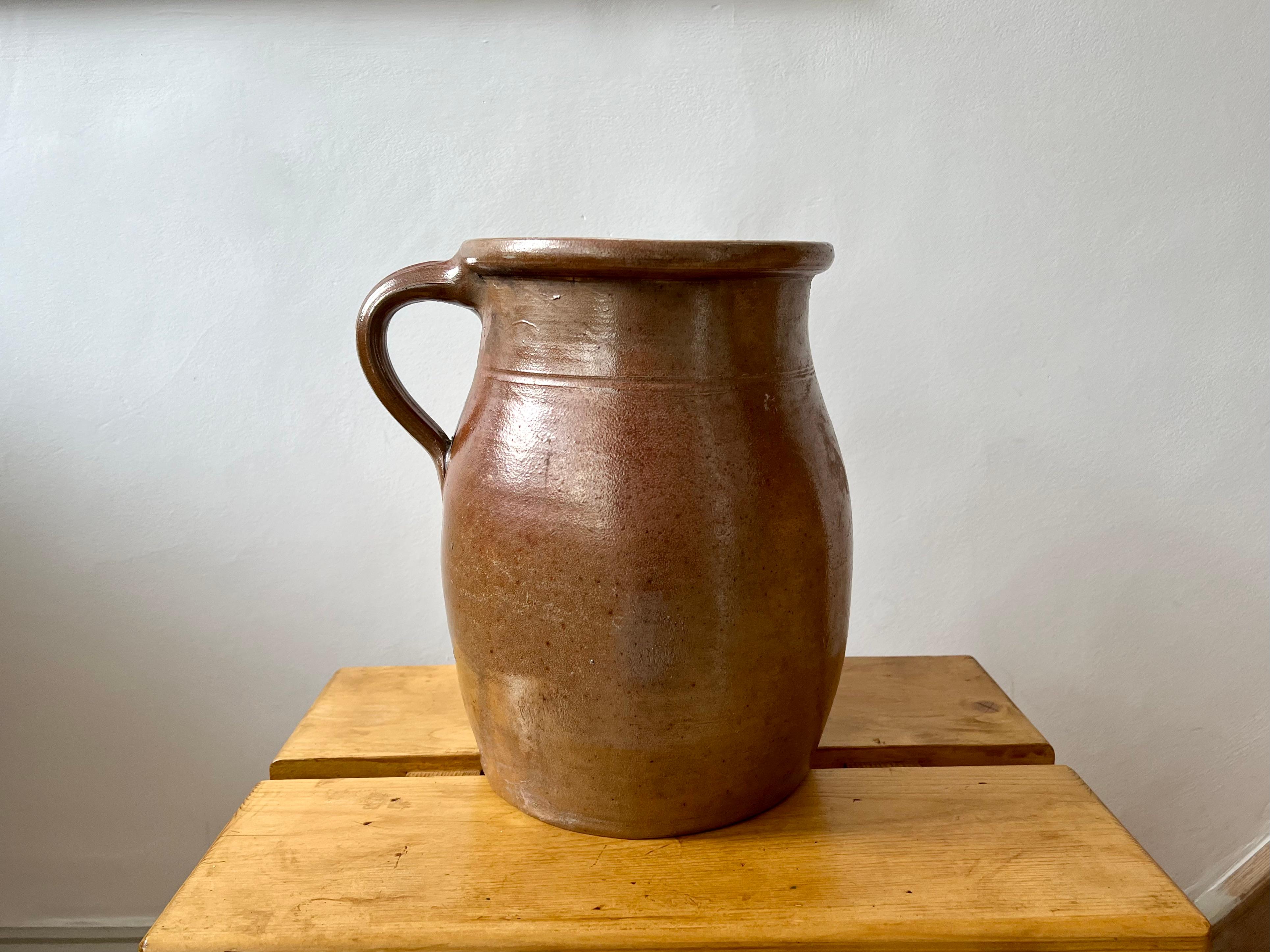20th Century XL vintage rustic French farmhouse stoneware jug pitcher, c.1960 For Sale