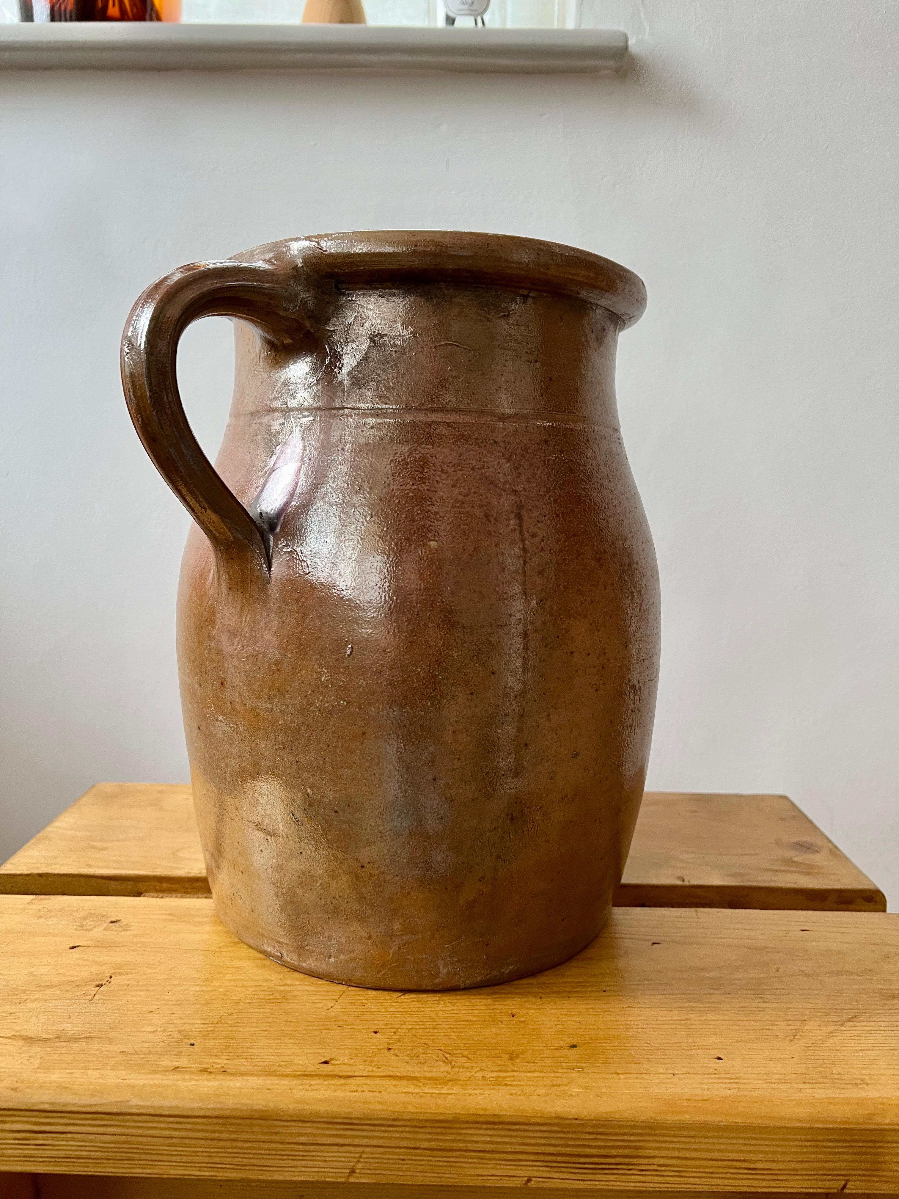 XL vintage rustic French farmhouse stoneware jug pitcher, c.1960 For Sale 2