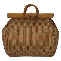 XL Vintage Wicker Tote Basket with Wooden Handles & Hinged Lid c1970s
