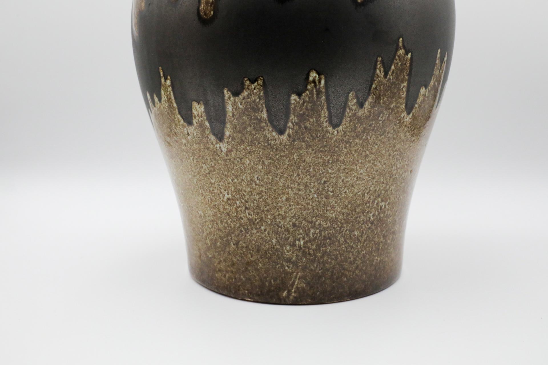 XL West German Brown Ceramic Jug, Textured Brown Glaze and Wavy Dark Brown Belt For Sale 6