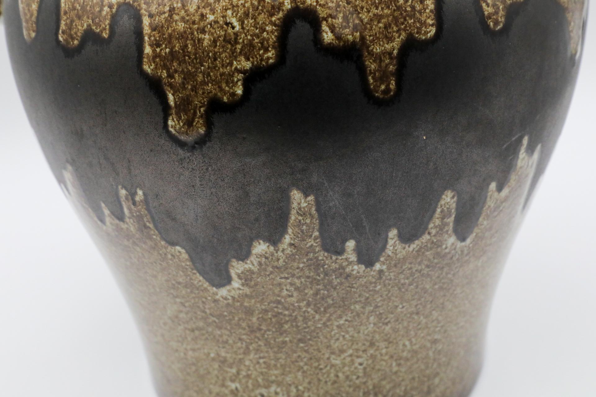 XL West German Brown Ceramic Jug, Textured Brown Glaze and Wavy Dark Brown Belt For Sale 8
