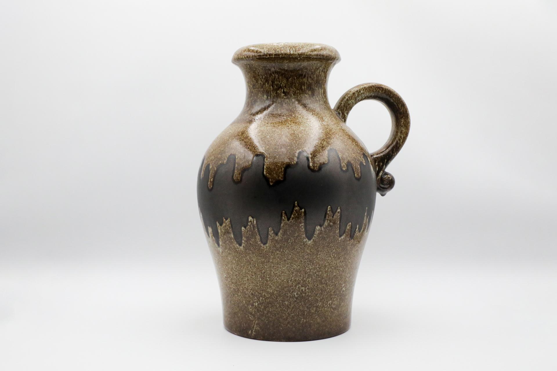 Mid-Century Modern XL West German Brown Ceramic Jug, Textured Brown Glaze and Wavy Dark Brown Belt For Sale